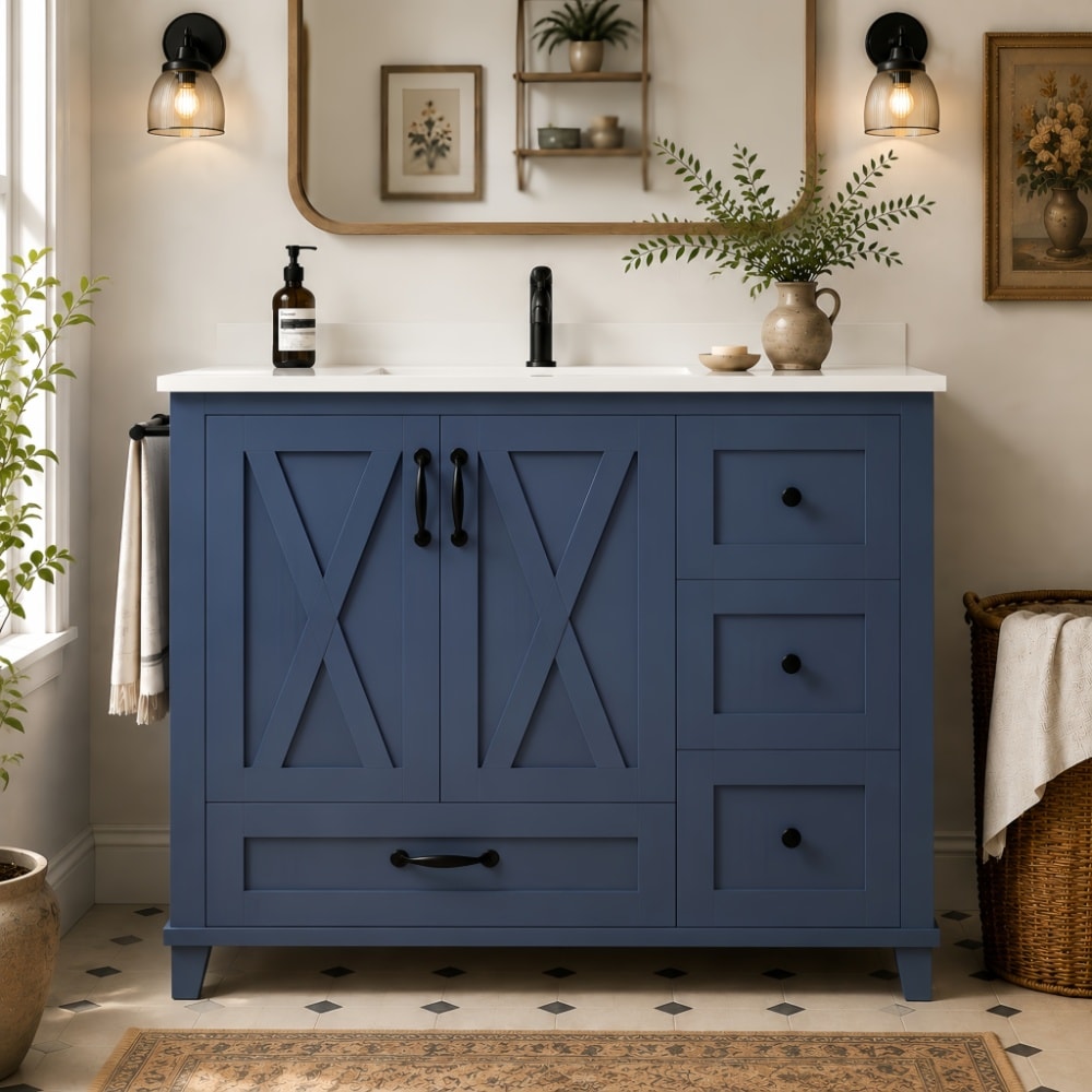 JUJABU Navy Blue 36 Inch Bathroom Vanity with Sink 4 Drawers X-Panel Doors Adjustable Shelving