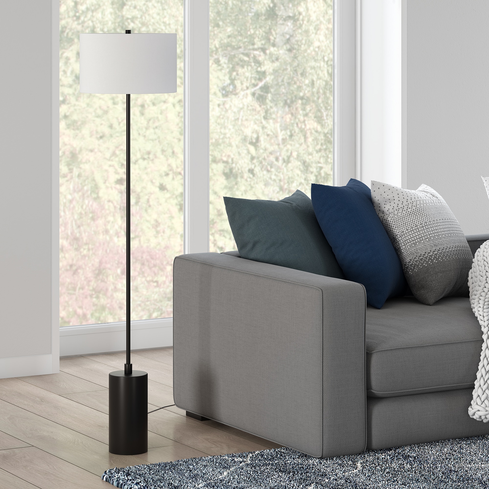 Blackened Bronze Metal Floor Lamp with White Linen Shade