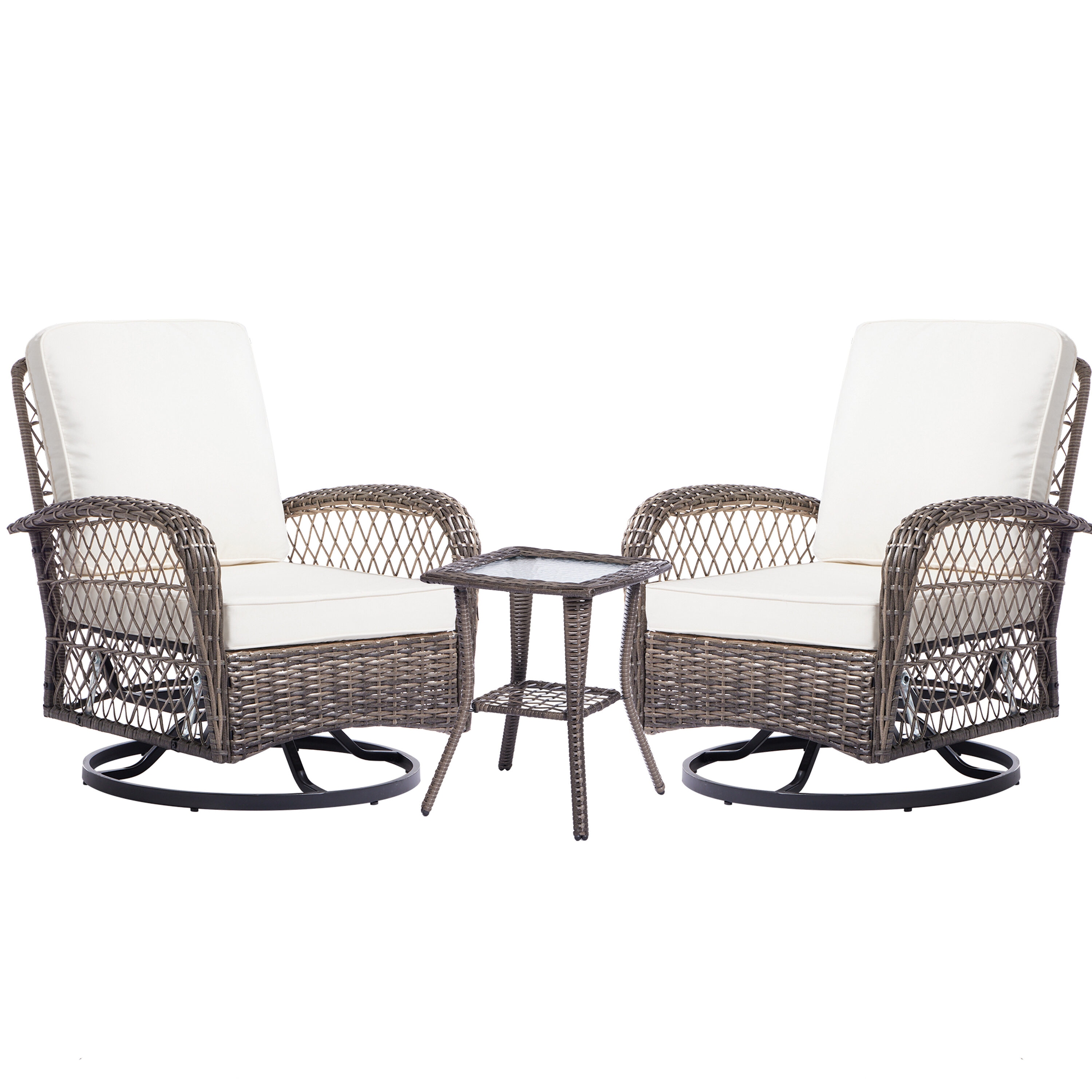 JEAREY XESZY-03 3-Piece Wicker Swivel Patio Conversation Set 3 -Piece Rattan Patio Conversation Set with Off-white Cushions