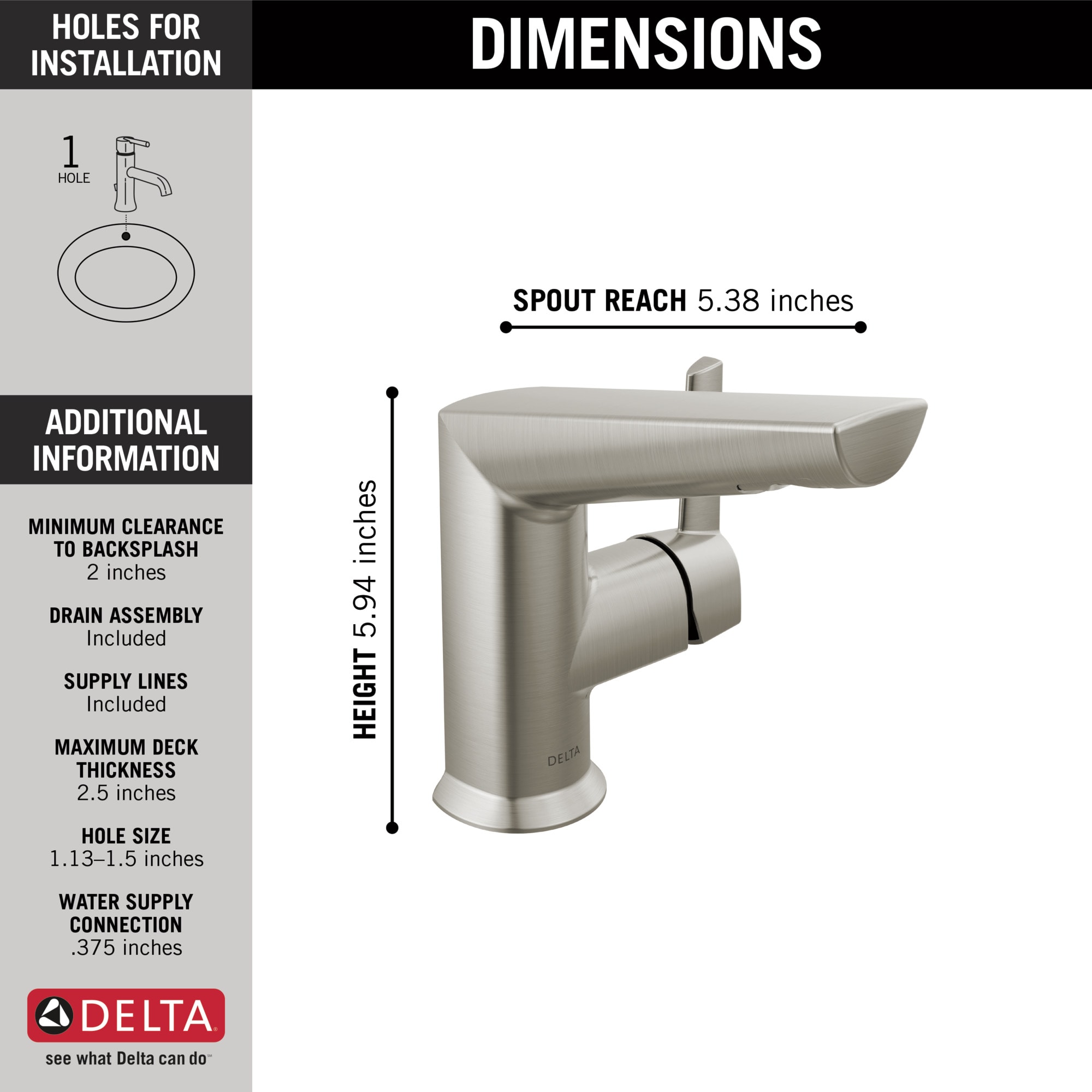 Delta Galeon Contemporary Single Hole Bathroom Faucet, Lumicoat Stainless