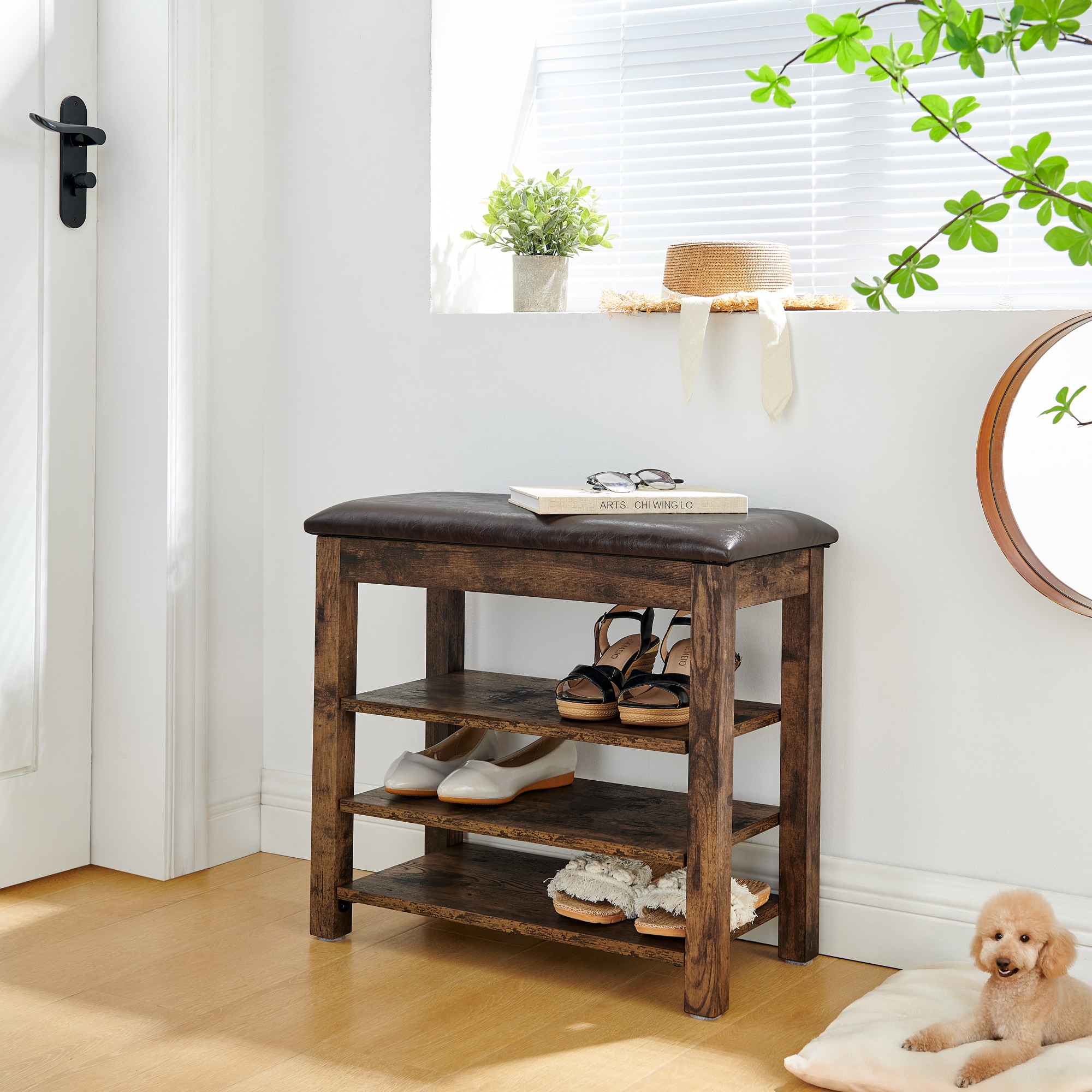 LOVMOR SF-M-W487P289974 A height adjustable long shoe changing bench made of natural rubberwood comes with a comfortable seat concealed storage space and large storage compartments features natural wood grainVintage