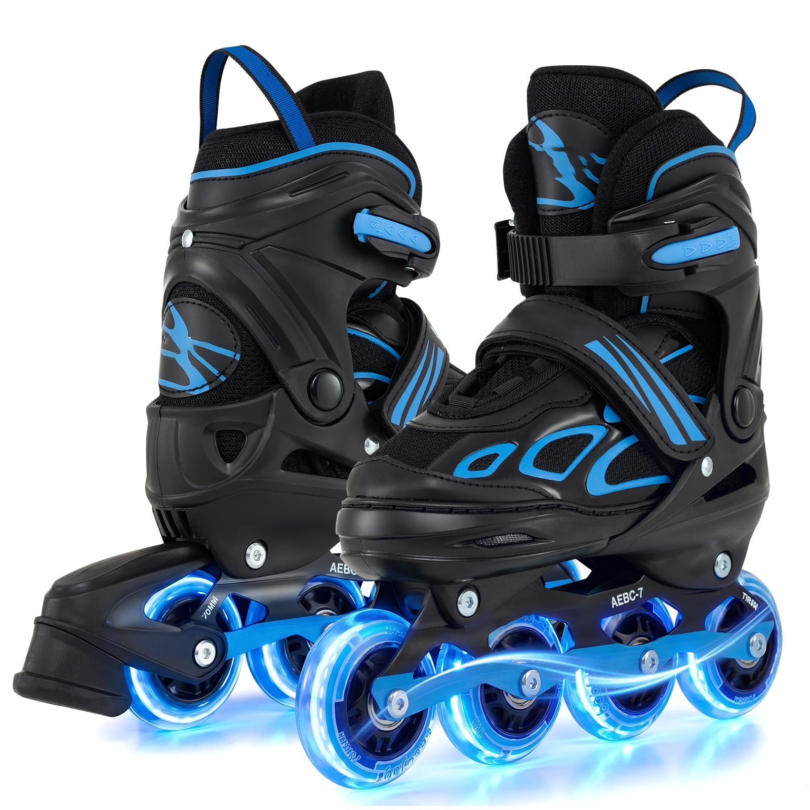 Slickblue Kids Adjustable Inline Skates for Indoor Floors and Outdoor Trails Ages 7 to 9 with Push Button Sizes Motion Activated LED Wheels Buckles Straps Laces Heel Brake Multiple Color Option