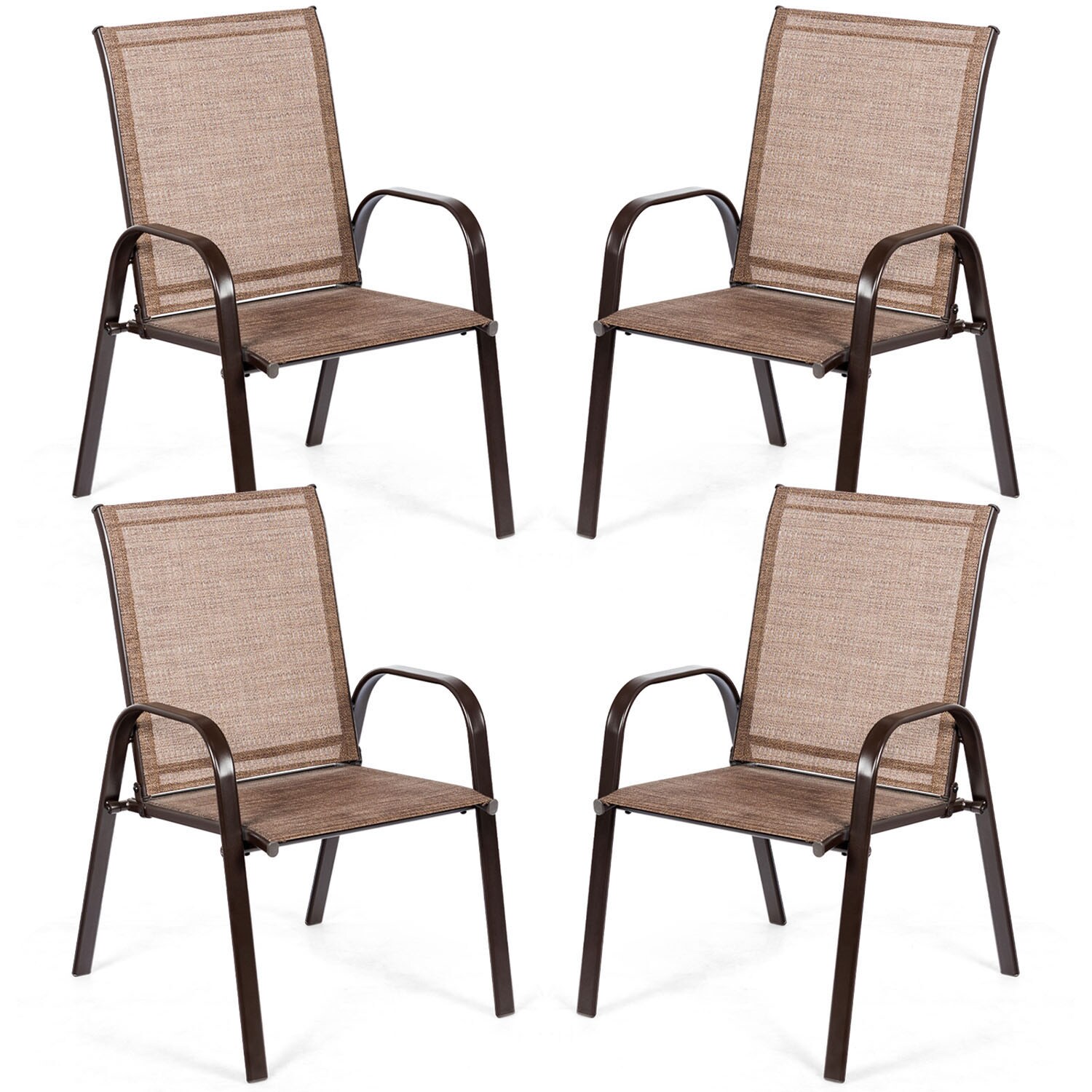 Brown Steel Frame Outdoor Dining Chairs with Armrests, Set of 2