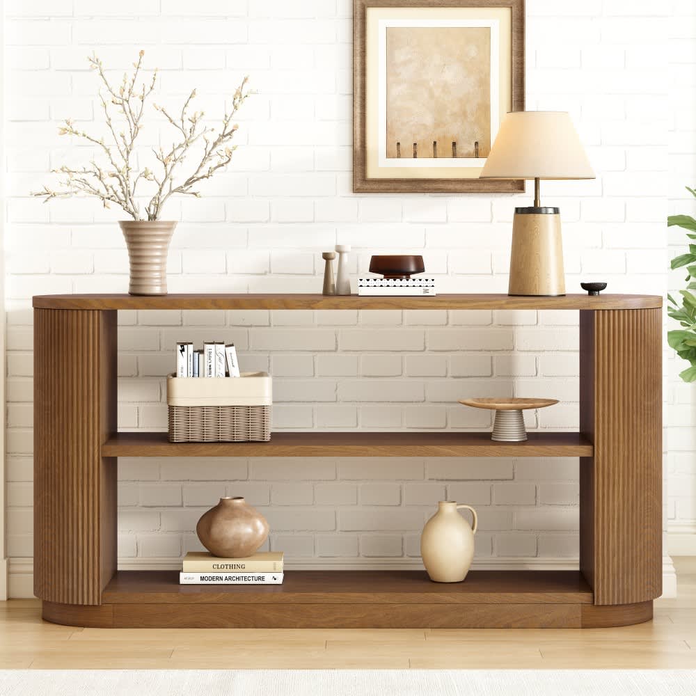 Coolbibila LEVI-CONSOLE-BROWN Brown Wood Narrow Entryway Table with Storage Curved Fluted Slim Console for Hallway or Living Room