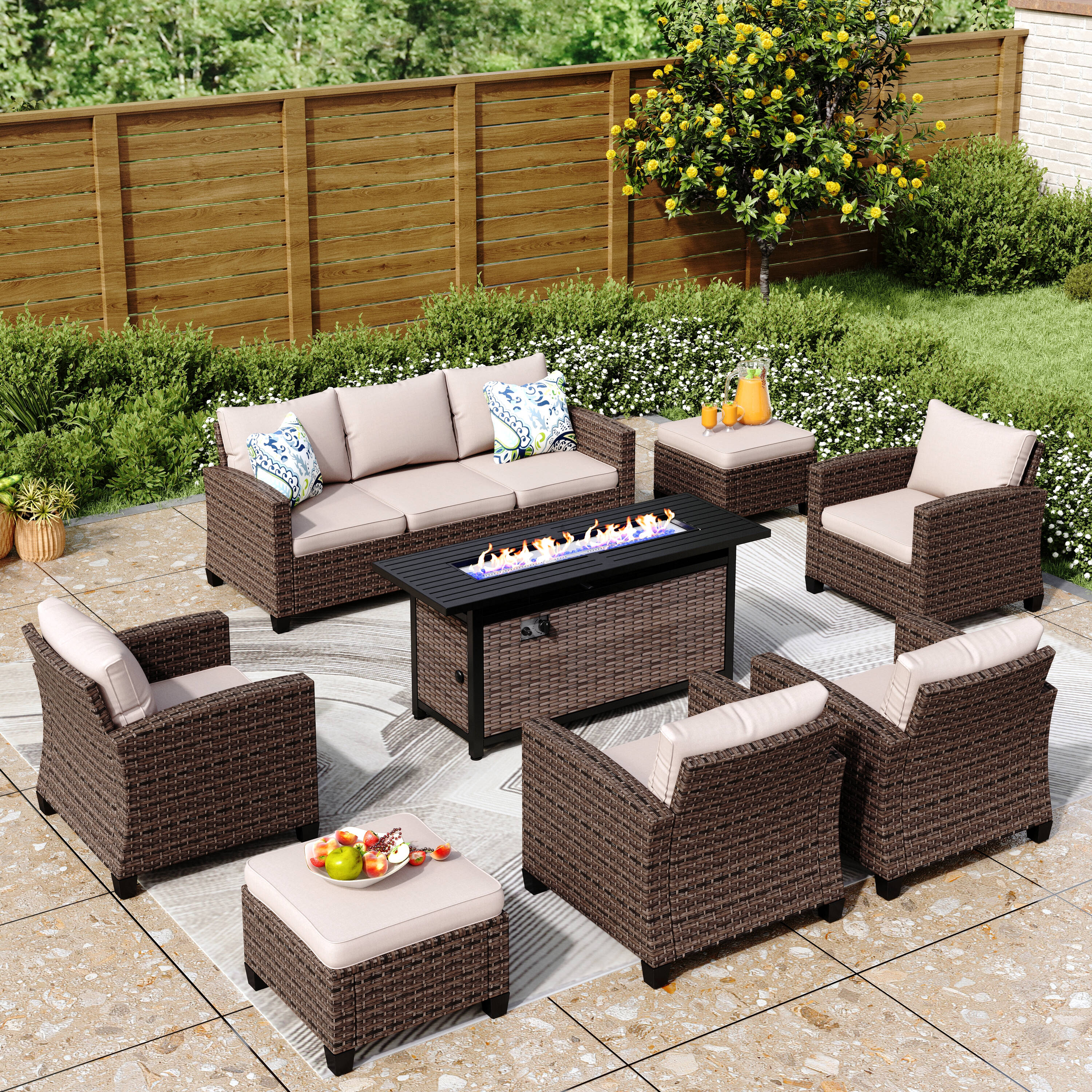 Sunshine Valley CR007-07-9-BE-GS103 Patio Furniture Set with Fire Pit 8 -Piece Wicker Patio Sofa Conversation Set with Tan CUSHION PRO Cushions