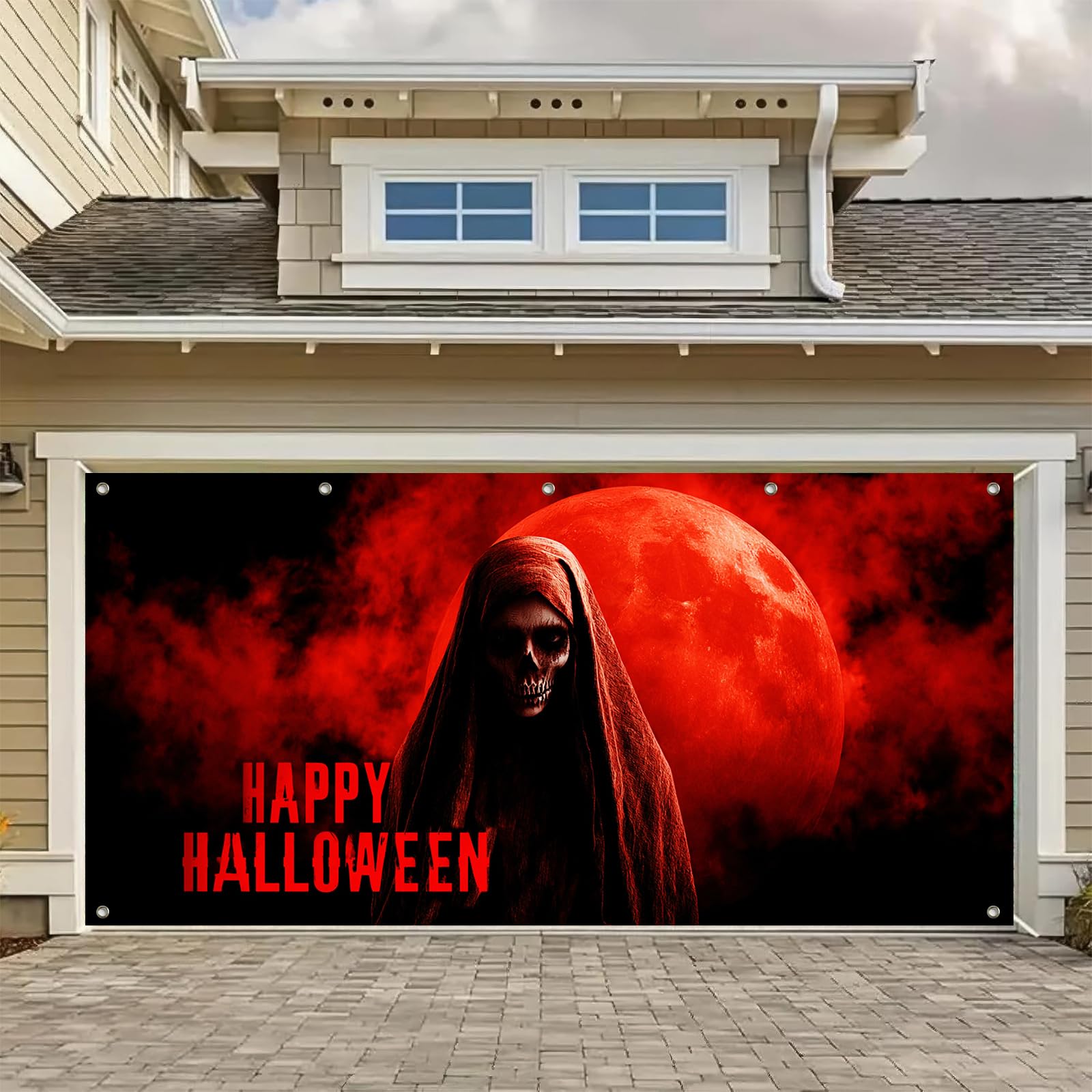 Phyfalip Halloween Garage Door Banner Thirteen by Six Feet Grim Reaper Skeleton Blood Moon Decor Spooky Horror Wall Cover Outdoor Haunted House #LPF0820P020