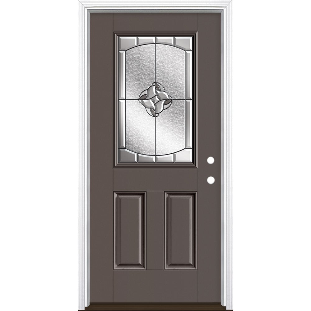 Masonite 3423165 Rozet 36-in x 80-in x 4-9/16-in Fiberglass Half lite Left-hand inswing Timber Gray Painted Prehung Single door Front Door with Brickmould Insulating core Decorative glass