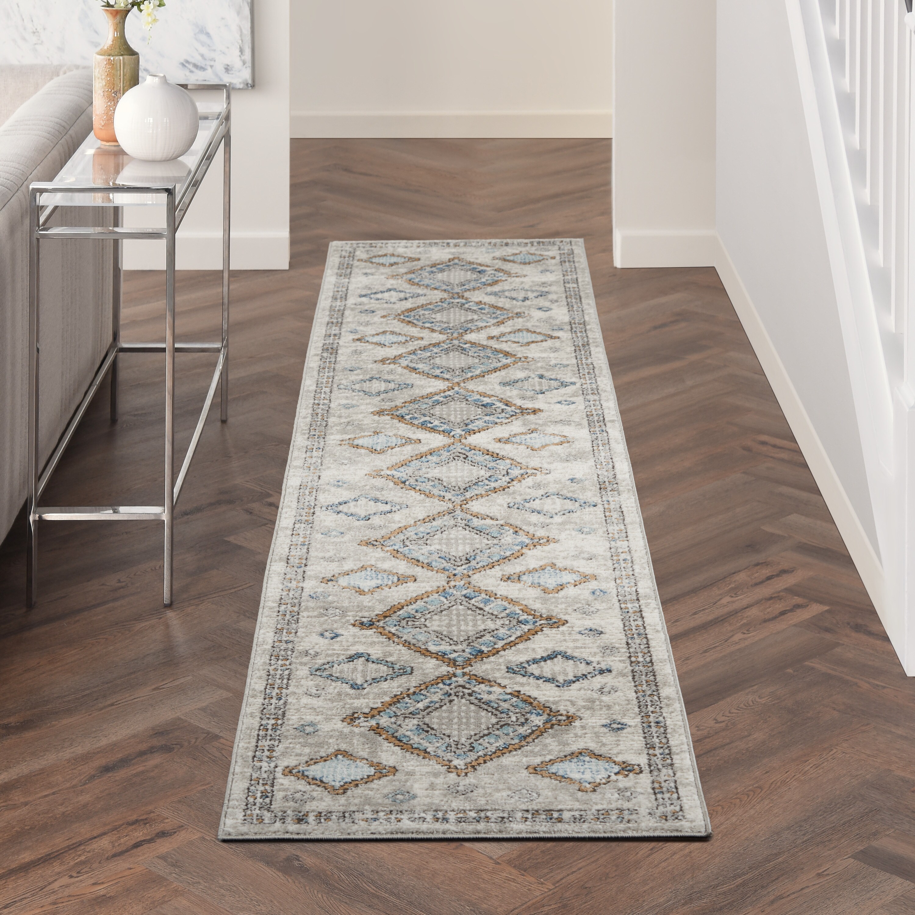 Nourison 099446825742 Concerto 2 x 10 (ft) Loomed Polypropylene Ivory/Grey/Blue Rectangular Indoor Border Runner rug