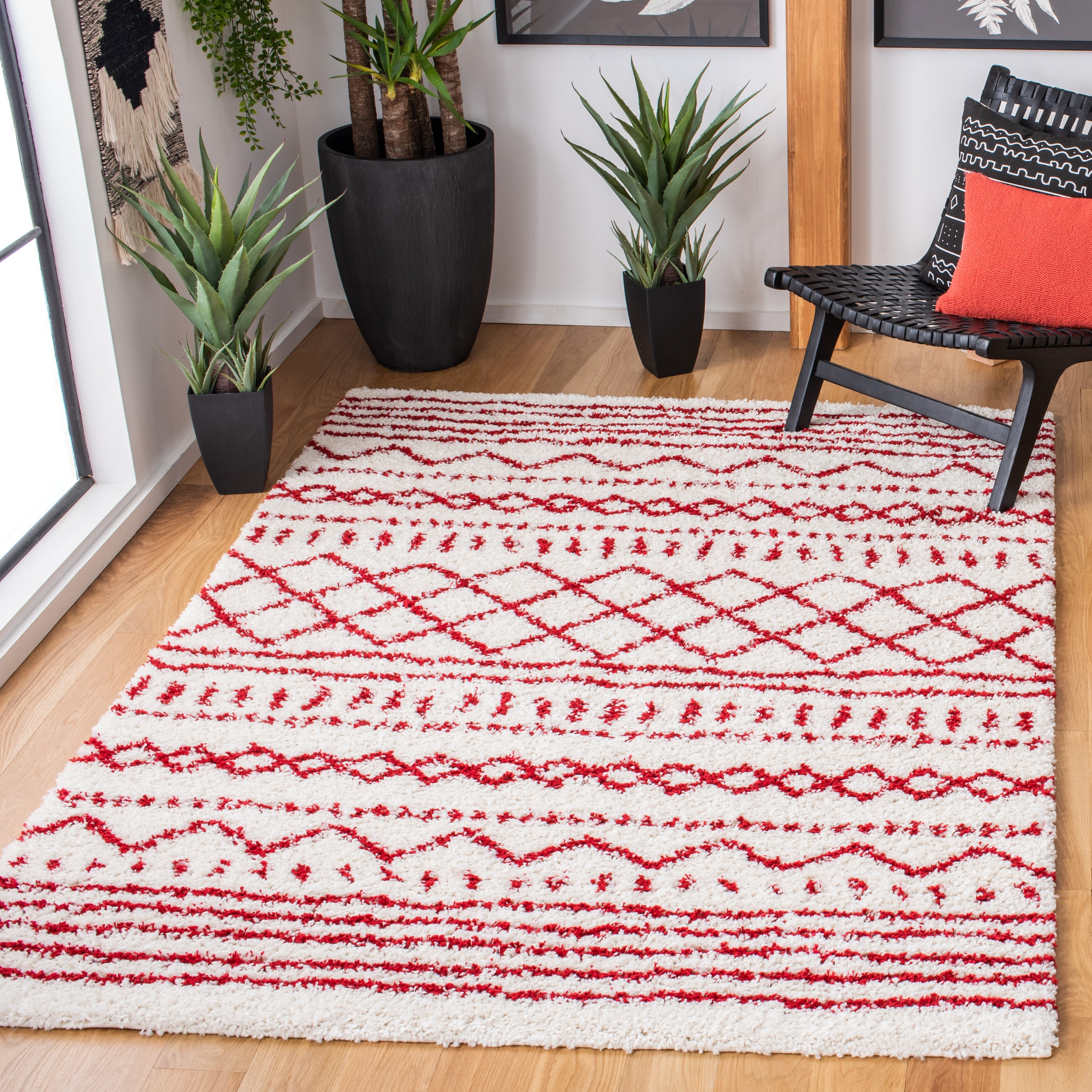 Safavieh ASG741P-4 Arizona Lotta Shag 4 x 6 (ft) Loomed Polypropylene Ivory/Red Rectangular Indoor Abstract Moroccan Area rug