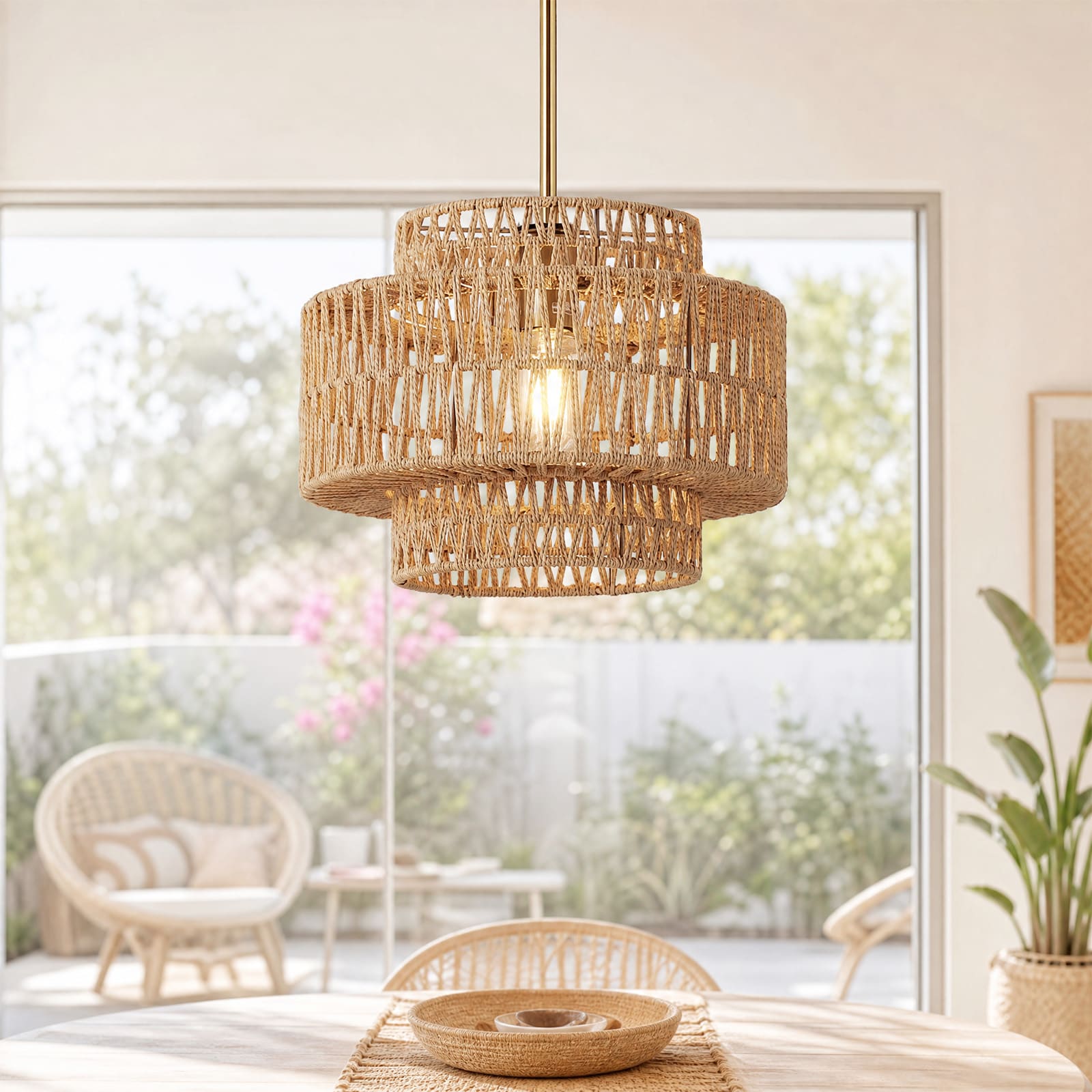 kanslol 12.6-in Gold Pendant Light with Woven Rope Shade Dining Room Bedroom and Entryway