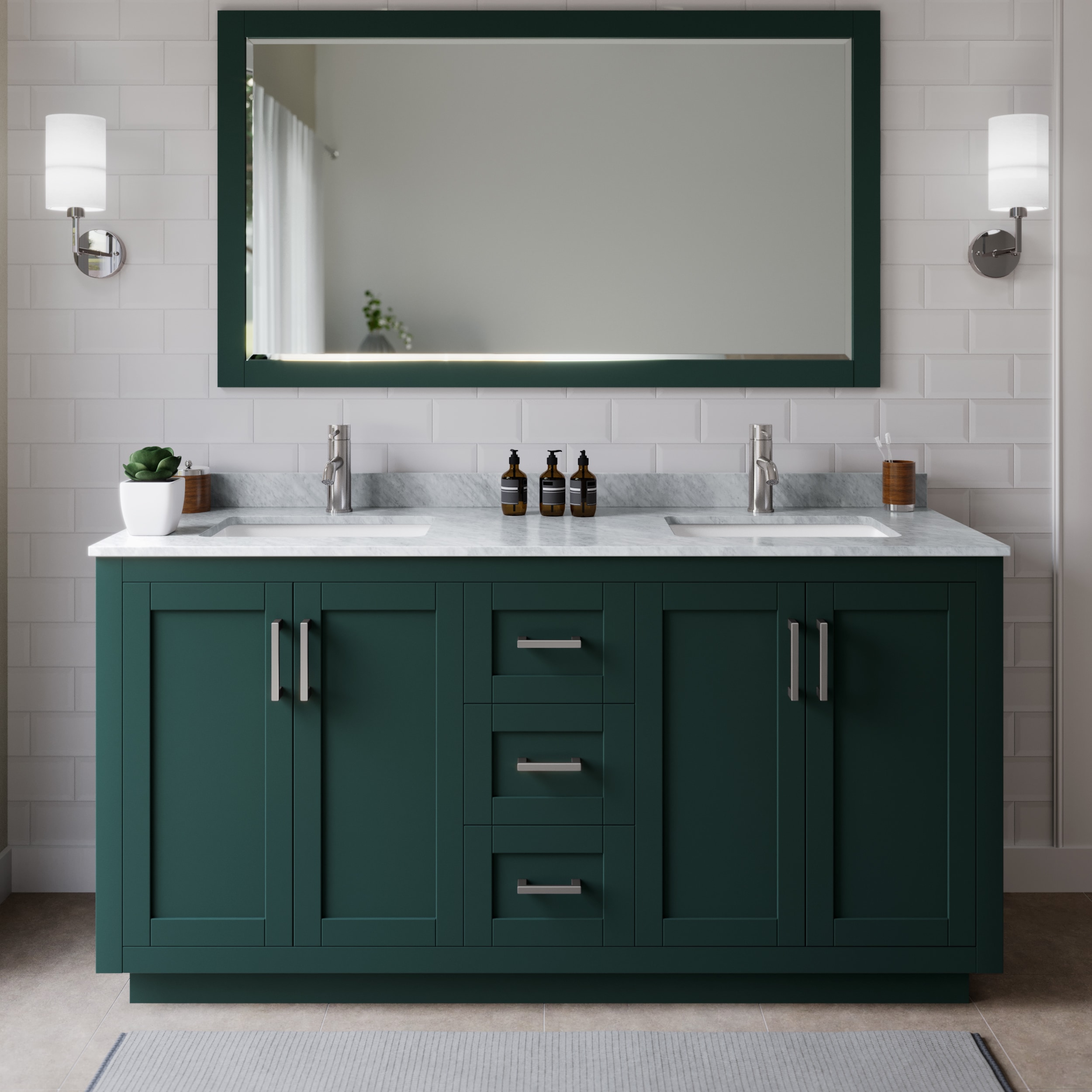 Wyndham Collection WCF292966DGECMUNSM58 Miranda 66-in Green with Brushed Nickel Trim Undermount Double sink Bathroom Vanity with White Carrara Marble Marble Top (Mirror Included)