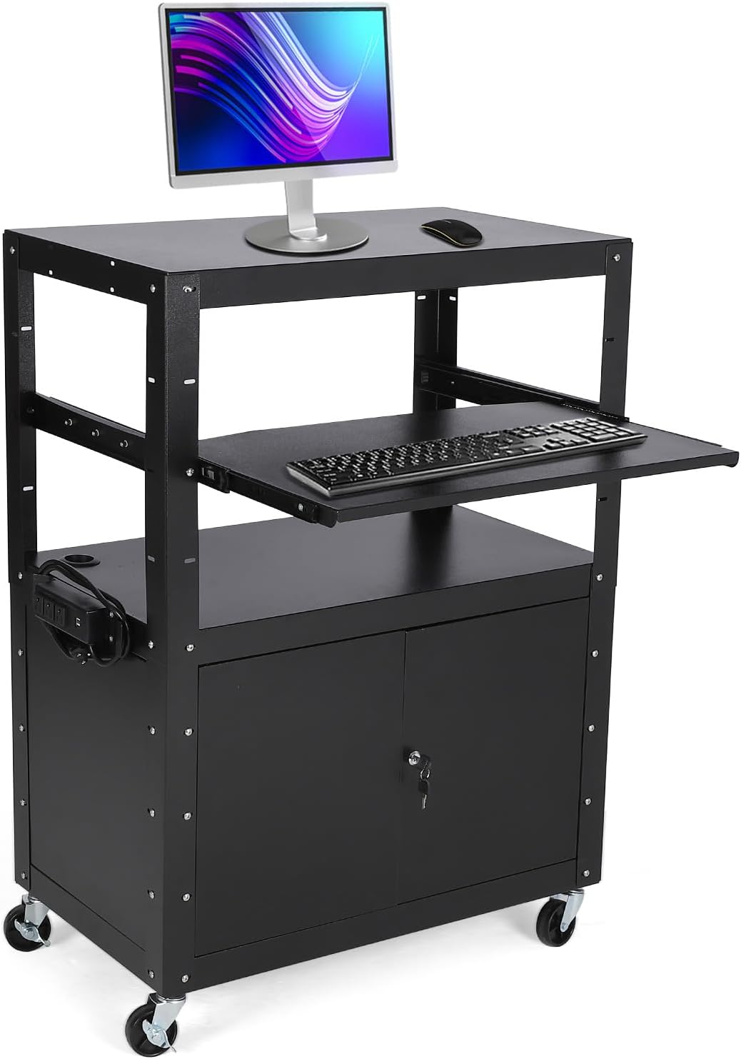GAOMON Rolling AV Cart with Locking Cabinet Laptop Stand Height Adjustable Mobile Utility Cart Workstation with Extra Storage Space and Power Strip #CQC-LYRFIDYHJSO