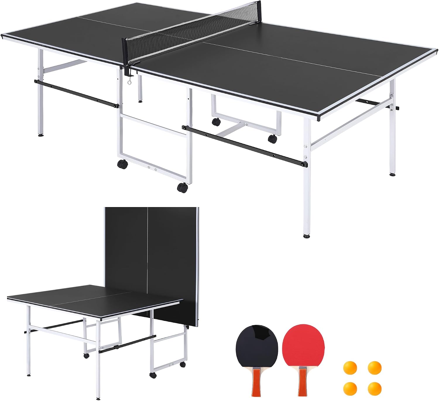 IdealHouse 8 ft Portable Ping Pong Table Professional Indoor Outdoor Game Set Foldable Table Tennis Table with Paddles Balls Net for Adults Teens Quick Assembly Single Player Playback Mode Black