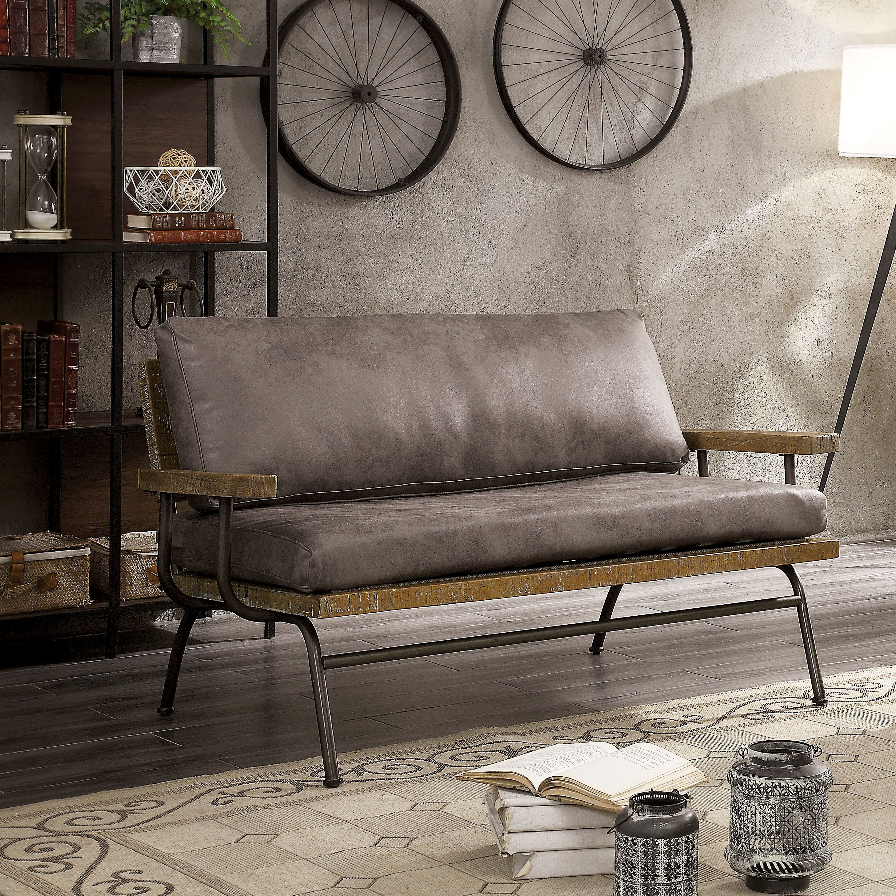 Furniture of America IDF-6077BR-LV Naughton 57.25-in Rustic Ash Brown Faux leather 2 -seater Loveseat