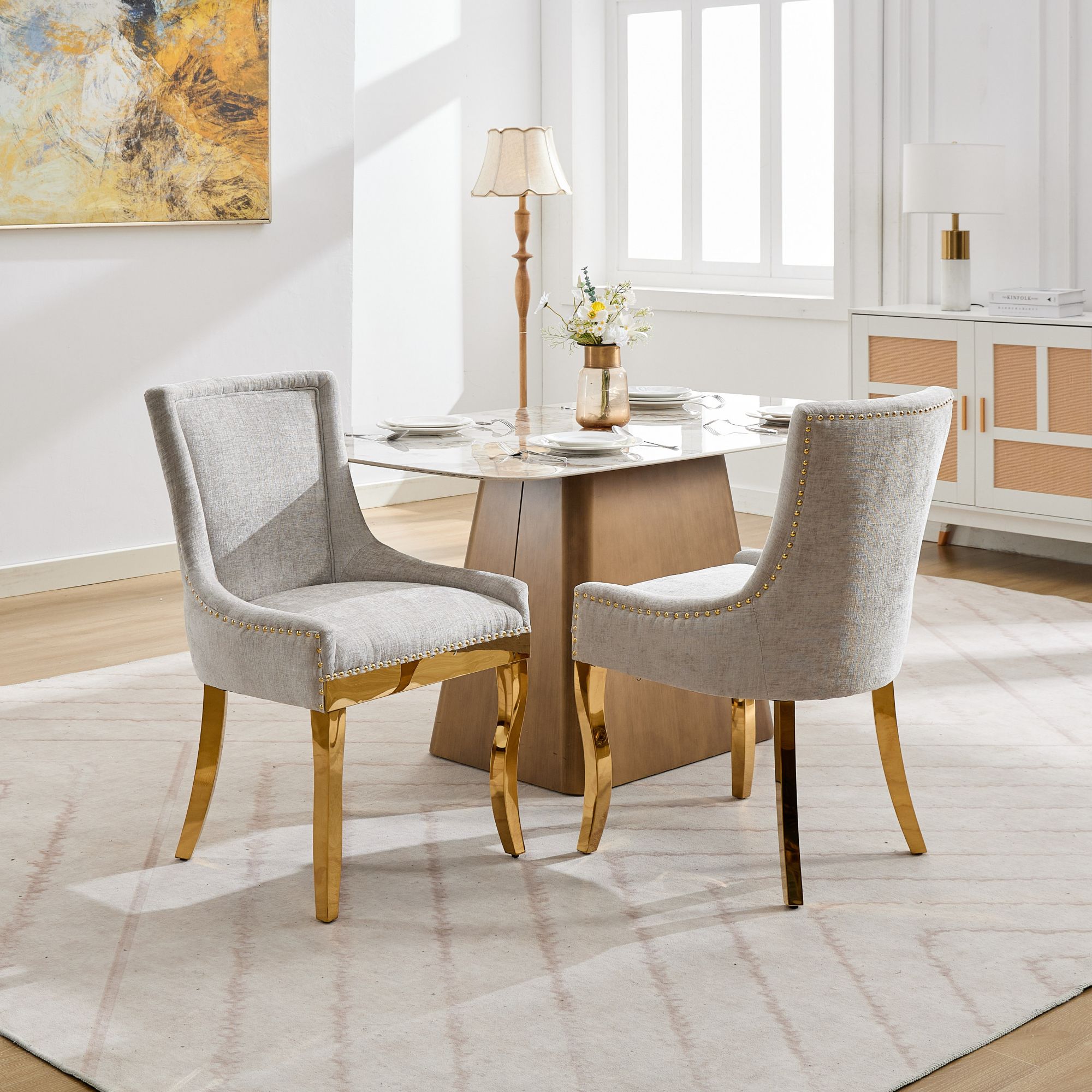 LOVMOR SF-L-W1143P332684 Chenille Modern Style with Curved Gold Upholstered Comfort for Dining Lounge Accent Seating with Textured Fabric and One Beige Set of 2