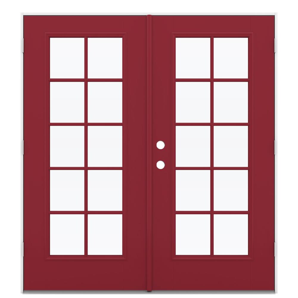 JELD-WEN LOWOLJW182300103 72-in x 80-in x 4-9/16-in Jamb Low-e Simulated Divided Light Roma Red Fiberglass French Left-Hand Outswing Double Patio Door