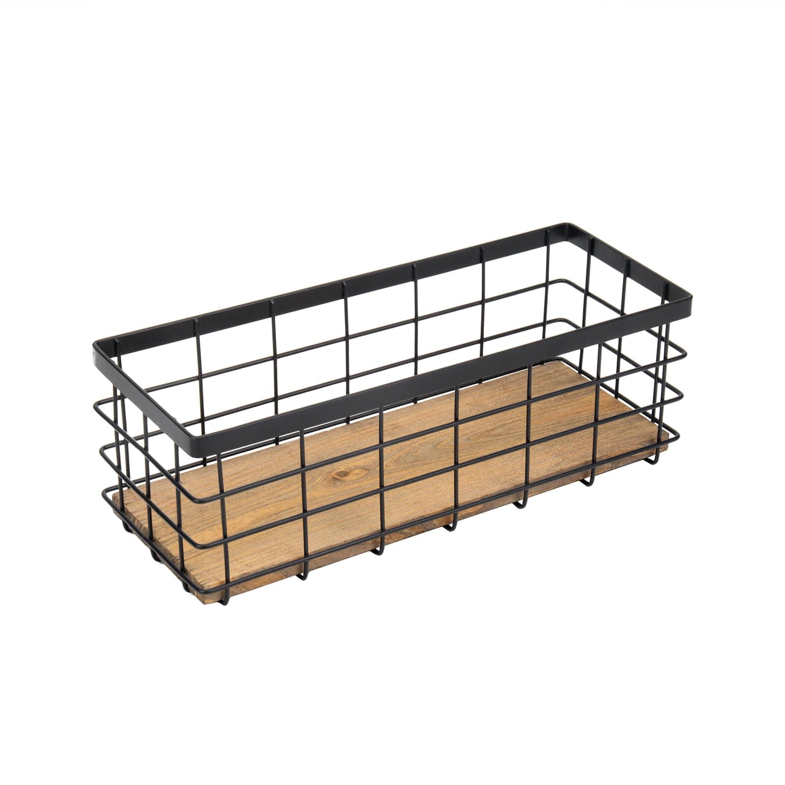 KIWDZFU  Farmhouse Small Metal Wire Storage Basket Bin with Wooden Bottom for Kitchen Cabinets Bathroom Pantry Garage Laundry Room Organizer Black