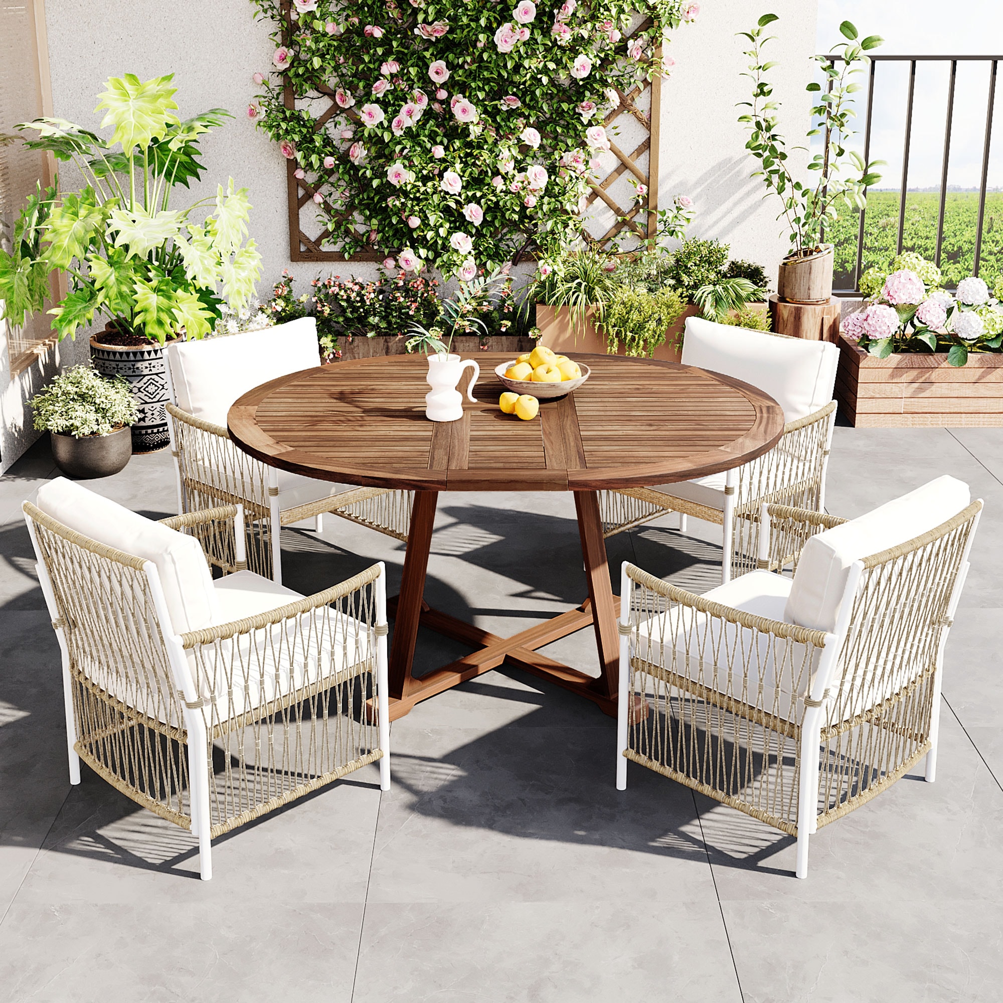 ModernLuxe L-SP100030AAN Modern 5-Piece Patio Extendable Wooden Dining Table Set 5 -Piece Natural Wicker Patio Dining Set Extendable Table Wood Round Table with 4 Off-white Cushions Stationary Chairs