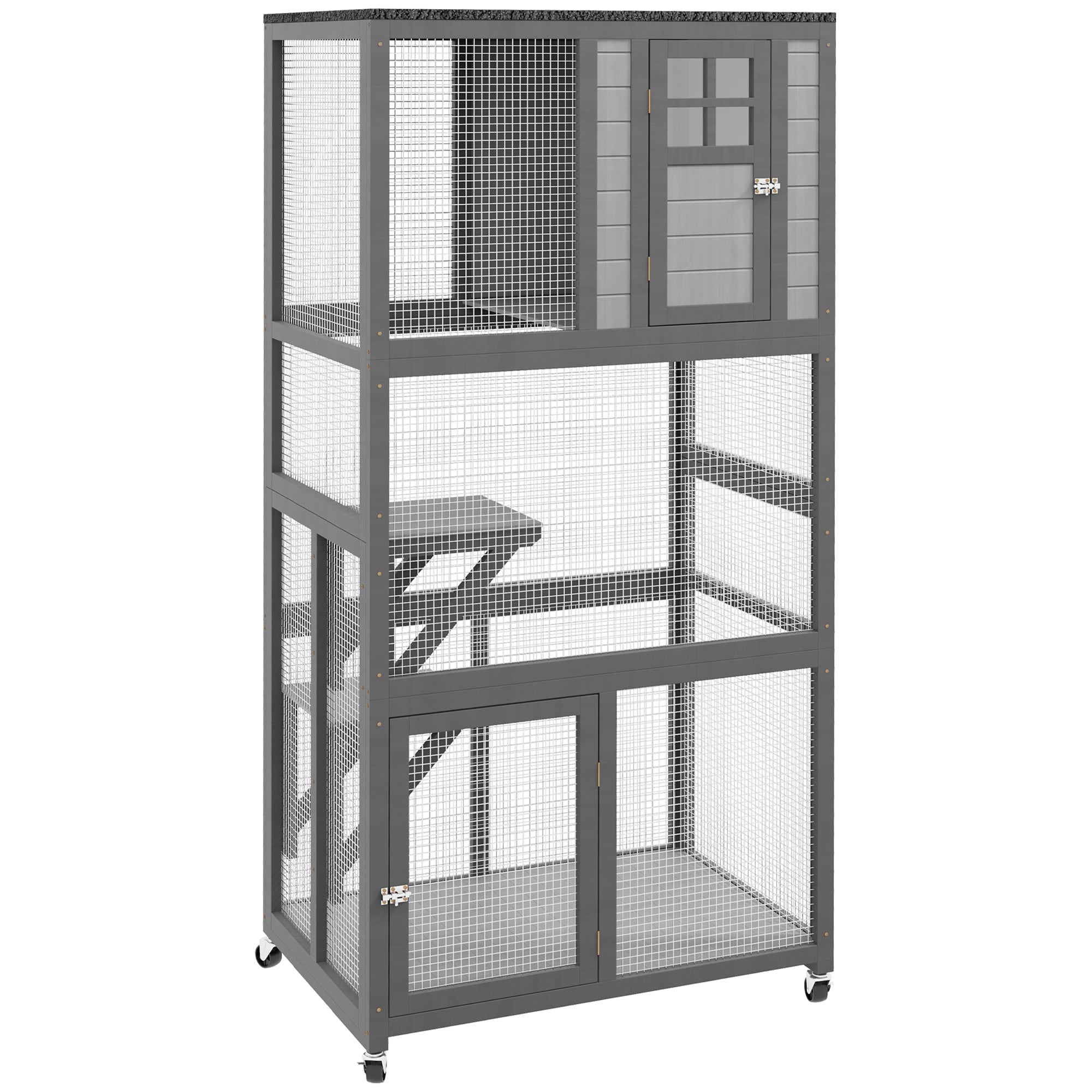 LOVMOR SF-M-W2225P229469 PawHut 74Inch Wooden Catio Outdoor Cat House Weatherproof and Wheeled Outside Cat Enclosure with High Weight Capacity Kitten Cage Condo Light Gray