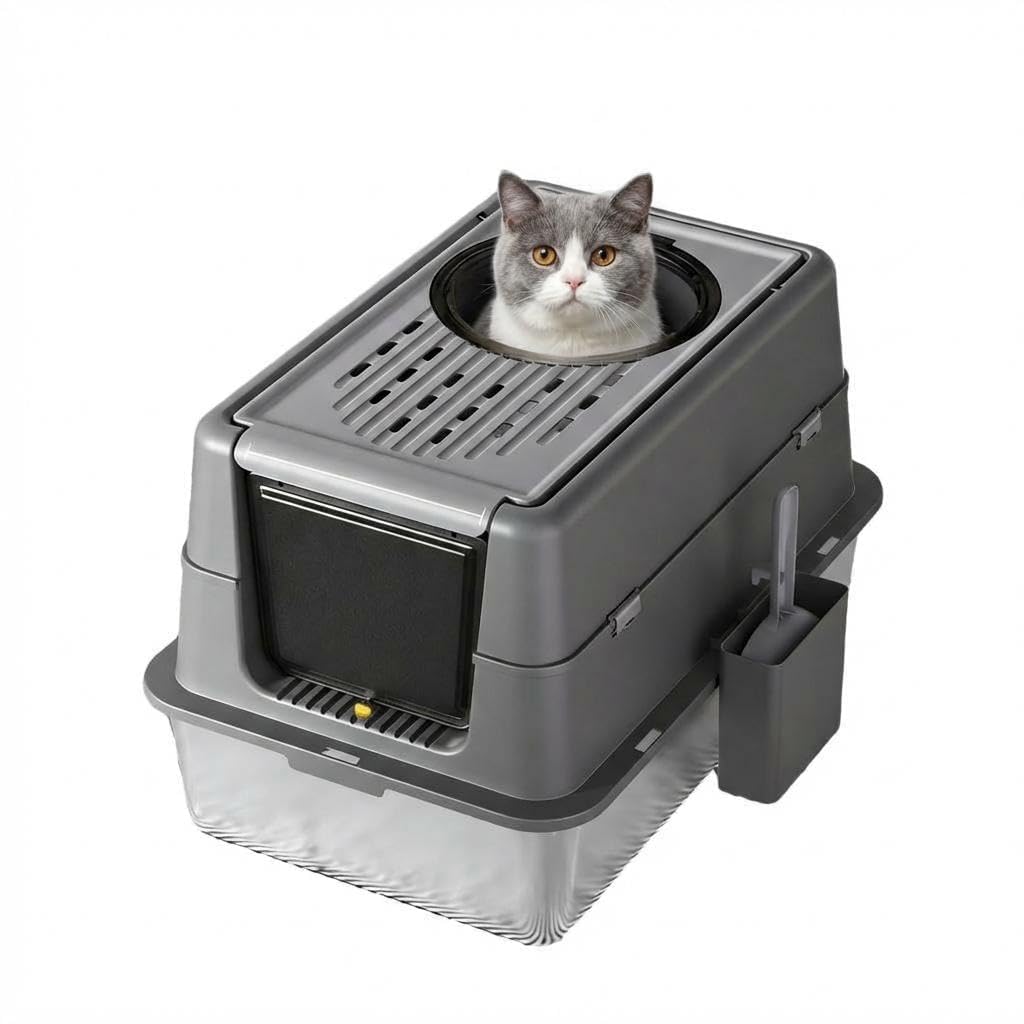 DEXSO - Extra Large Stainless Steel Cat Litter Box with Dual Entry 180 Flip Top Lid Enclosed for ...