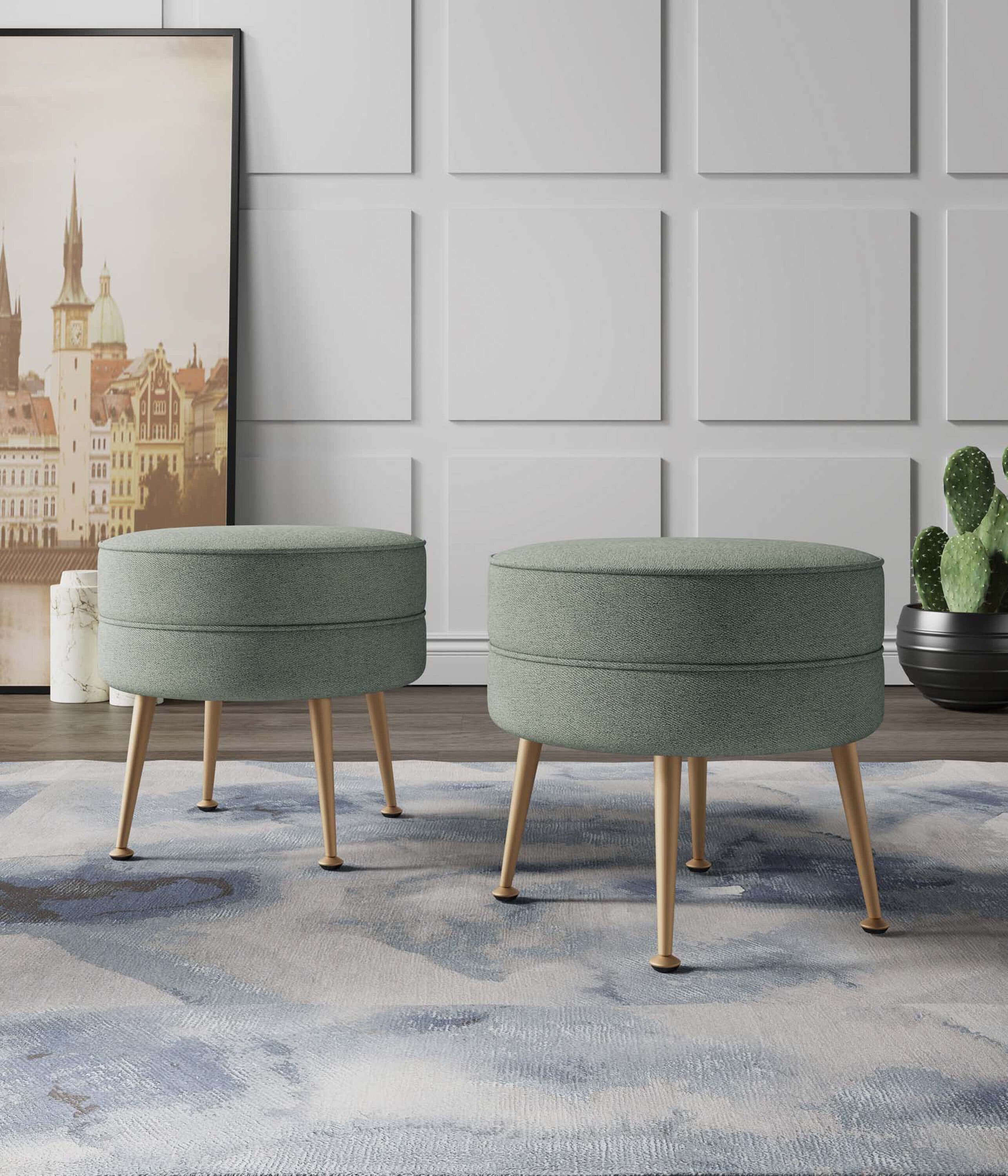 Manhattan Comfort 2-OT003-SG Midcentury Sage Green/Gold Round Ottoman