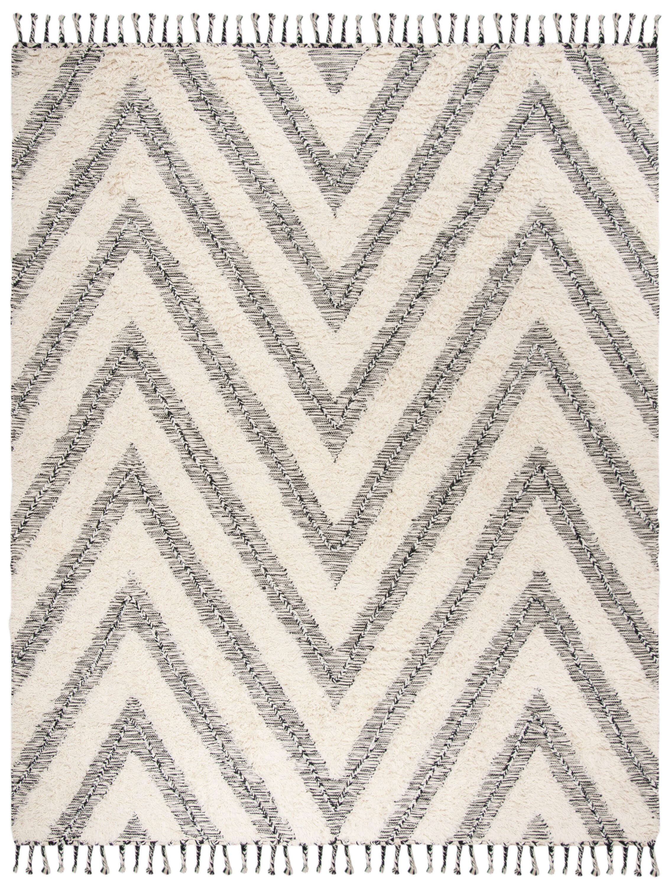 Kenya Hand-Knotted Black and Ivory Wool 8' x 10' Geometric Rug