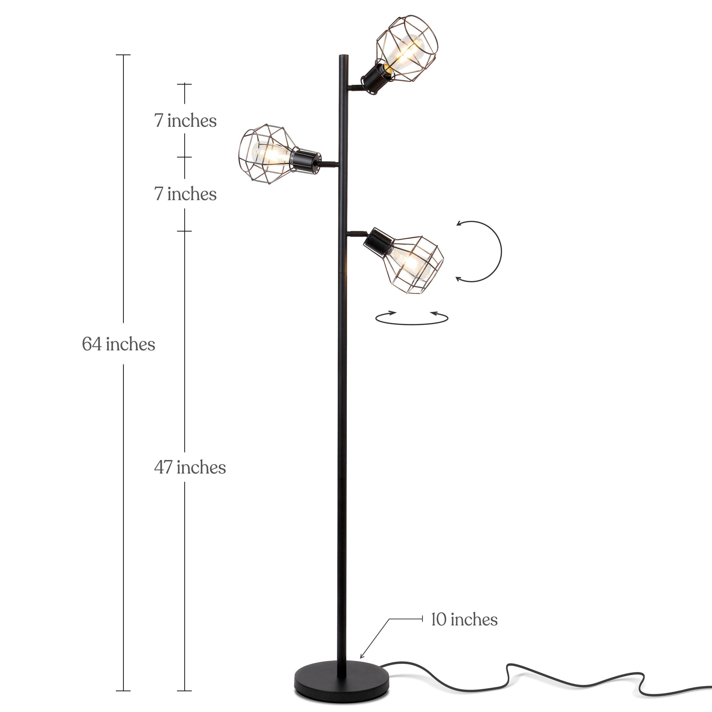 Robin Adjustable 3-Head Industrial Black LED Floor Lamp with Vintage Edison Bulbs