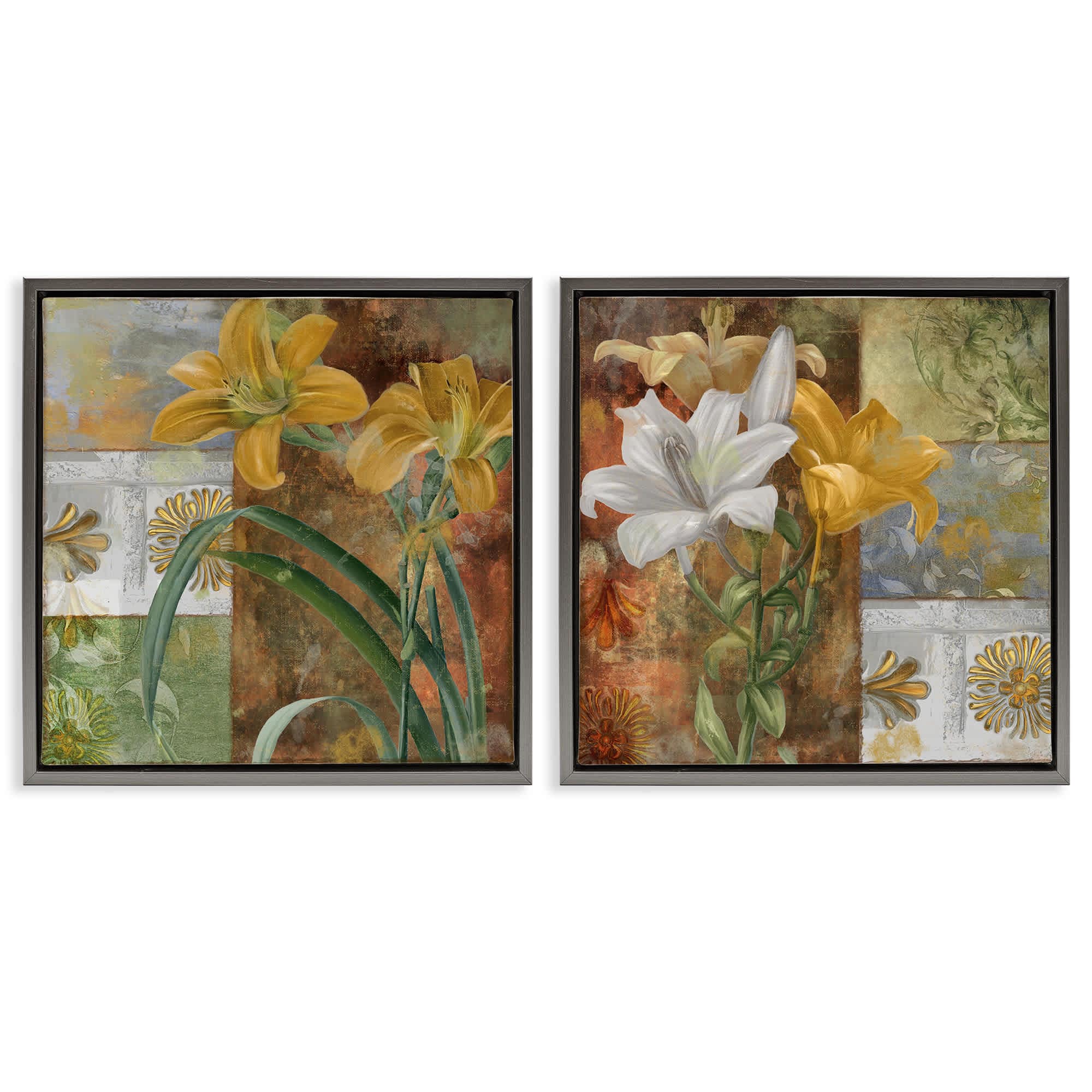 Stupell Industries B2-809-FFL-2PC-24X24 Lilies and Vintage Tile Patterns 2pc Floating Frame Set design by Sasha