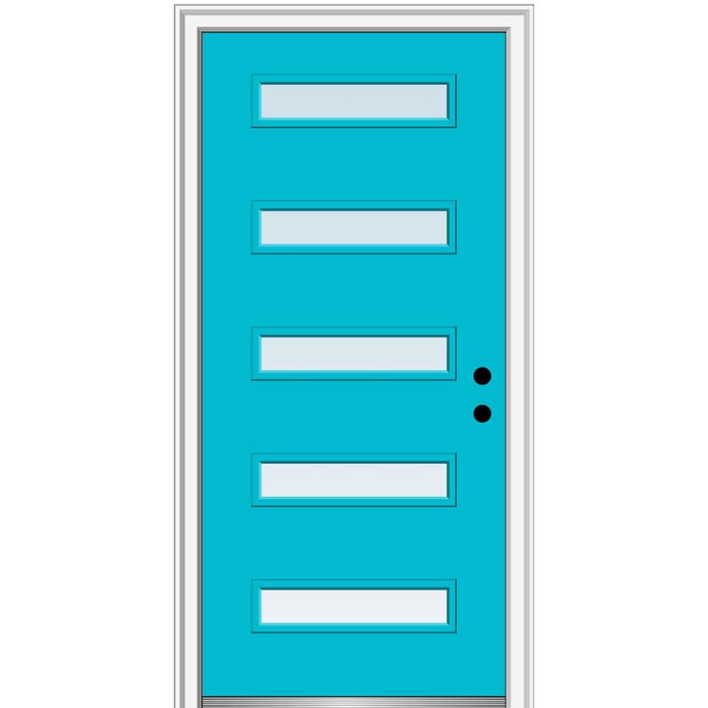 MMI DOOR ZZ349078L Spotlights 36-in x 80-in x 6-9/16-in Fiberglass Pulse lite Left-hand inswing Bahama Blue Painted Prehung Front Door with Brickmould Insulating core