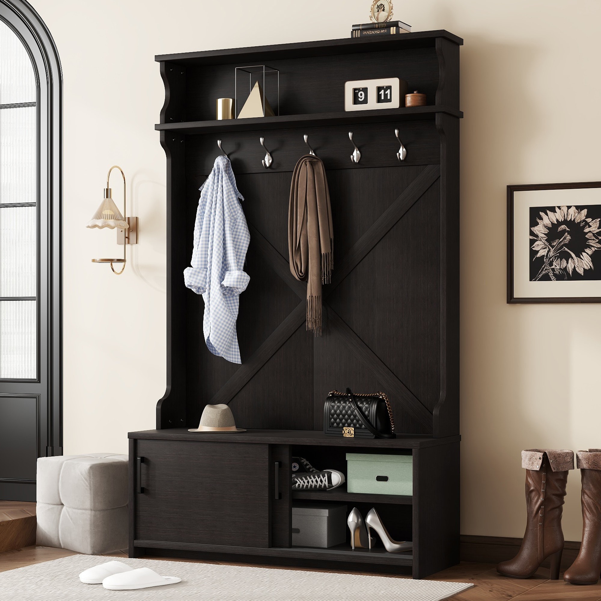 Zeus & Ruta 724HATREE-24 Modern 47.24-in Black Wood Hall Tree