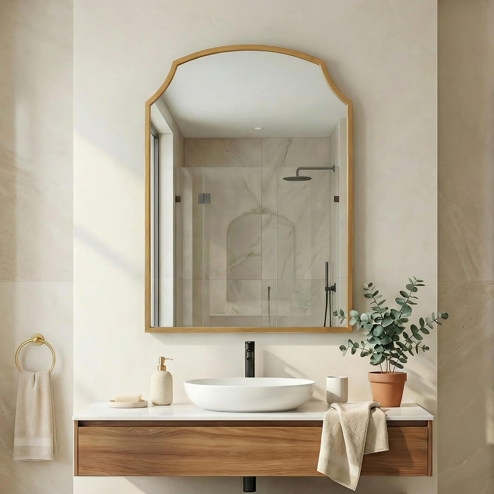 Vynxaria  30-in x 20-in Gold Arched Medicine Cabinet with Storage Metal Bathroom Mirror Surface/Recessed Mount