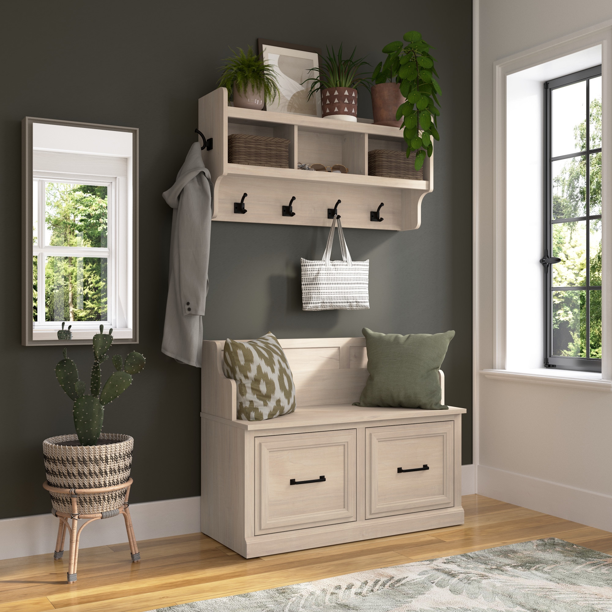 Bush Furniture WDL009WM Woodland Modern 39.72-Inches White Washed Maple Wood Hall Tree
