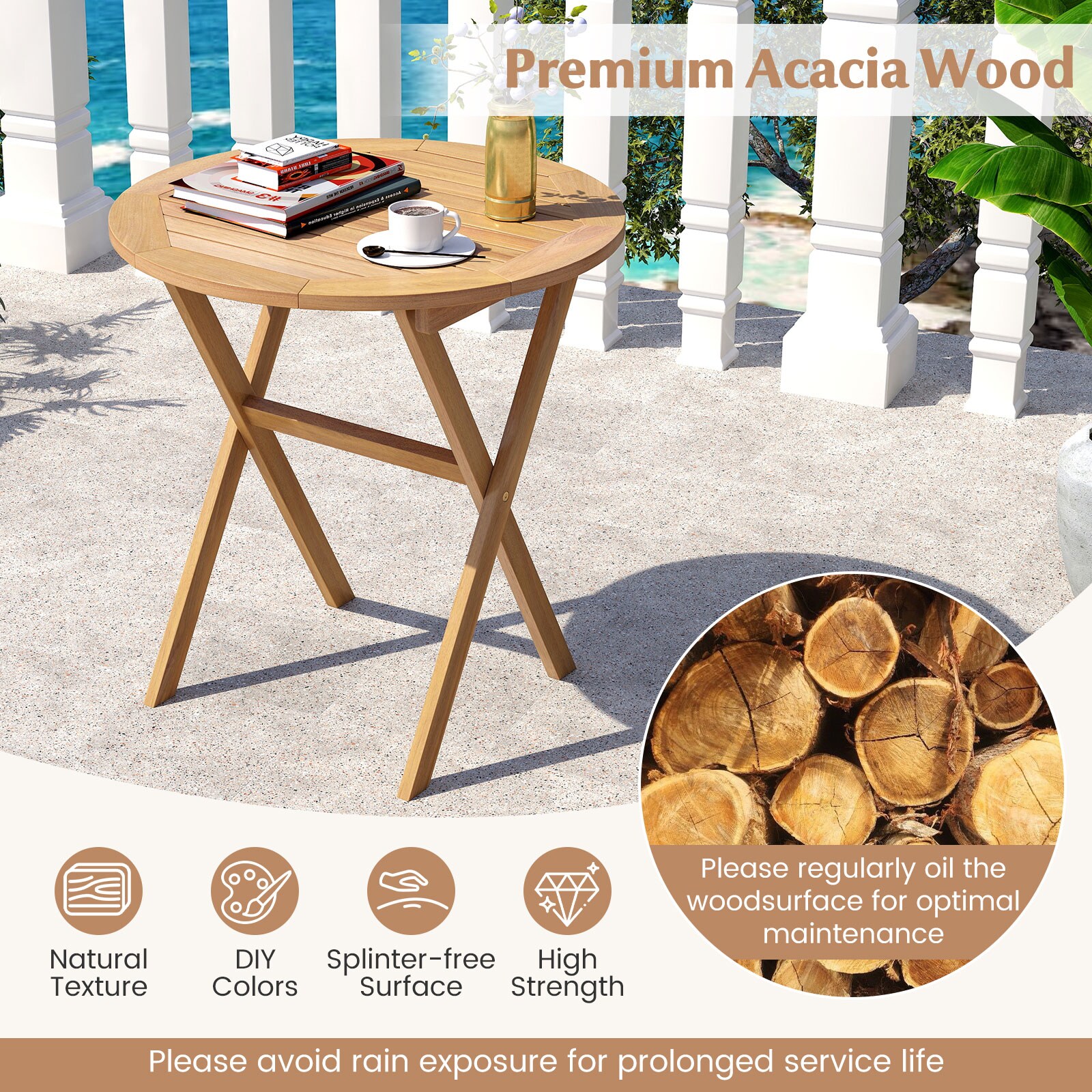 Volenca 26-in Round Folding Acacia Wood Patio Coffee Table with Slatted ...