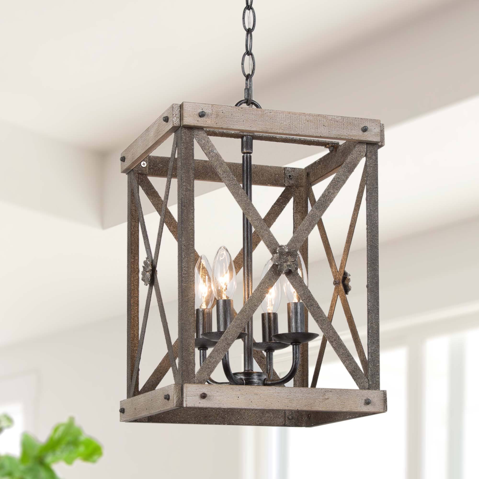 LNC Laius 4 -Light Brushed Balck and Antique Gray Wood Farmhouse Square Medium Hanging Kitchen island light