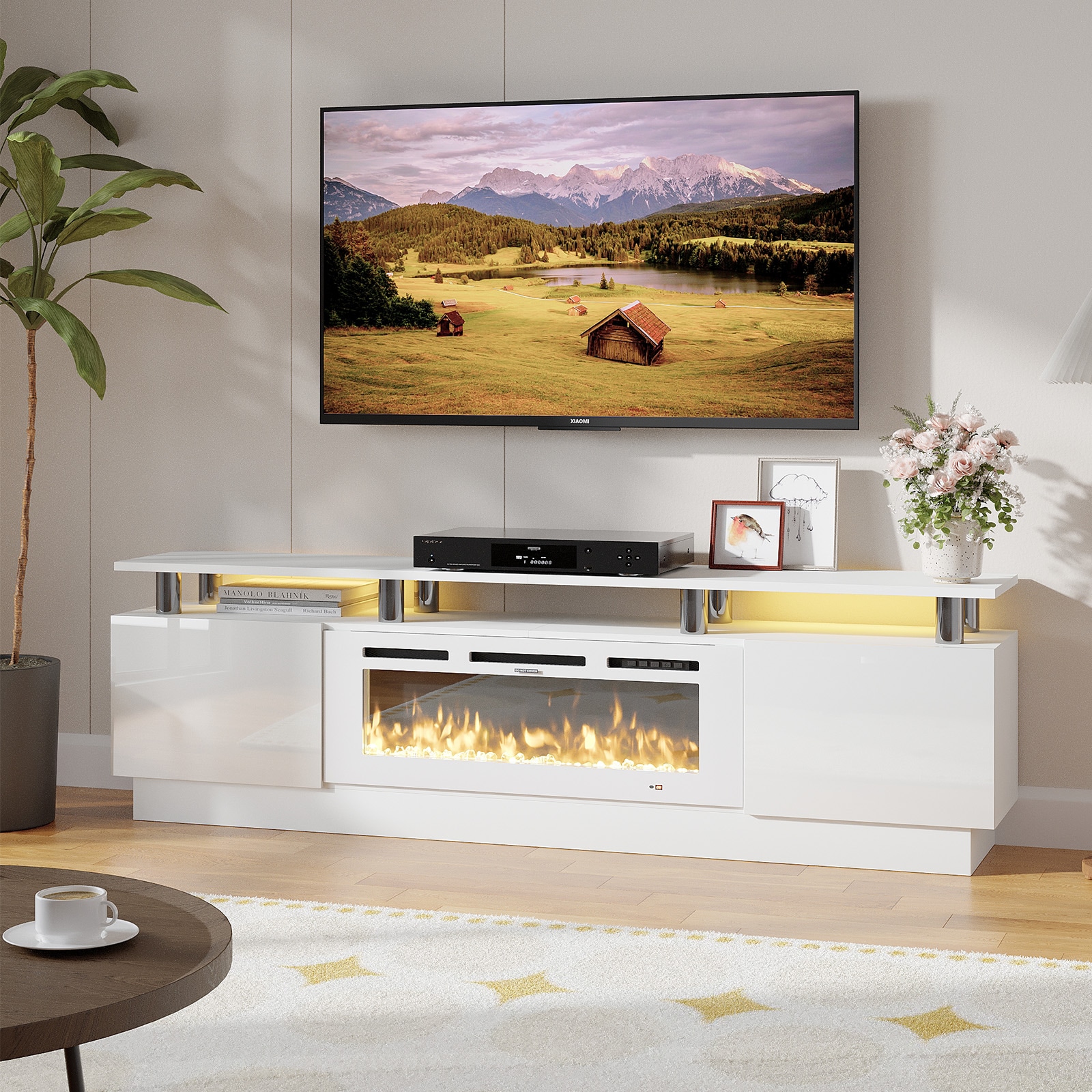 Bapipro TE31A14WW 70-in W White TV Stand with Infrared quartz Flat wall Electric Fireplace with Remote Control Included