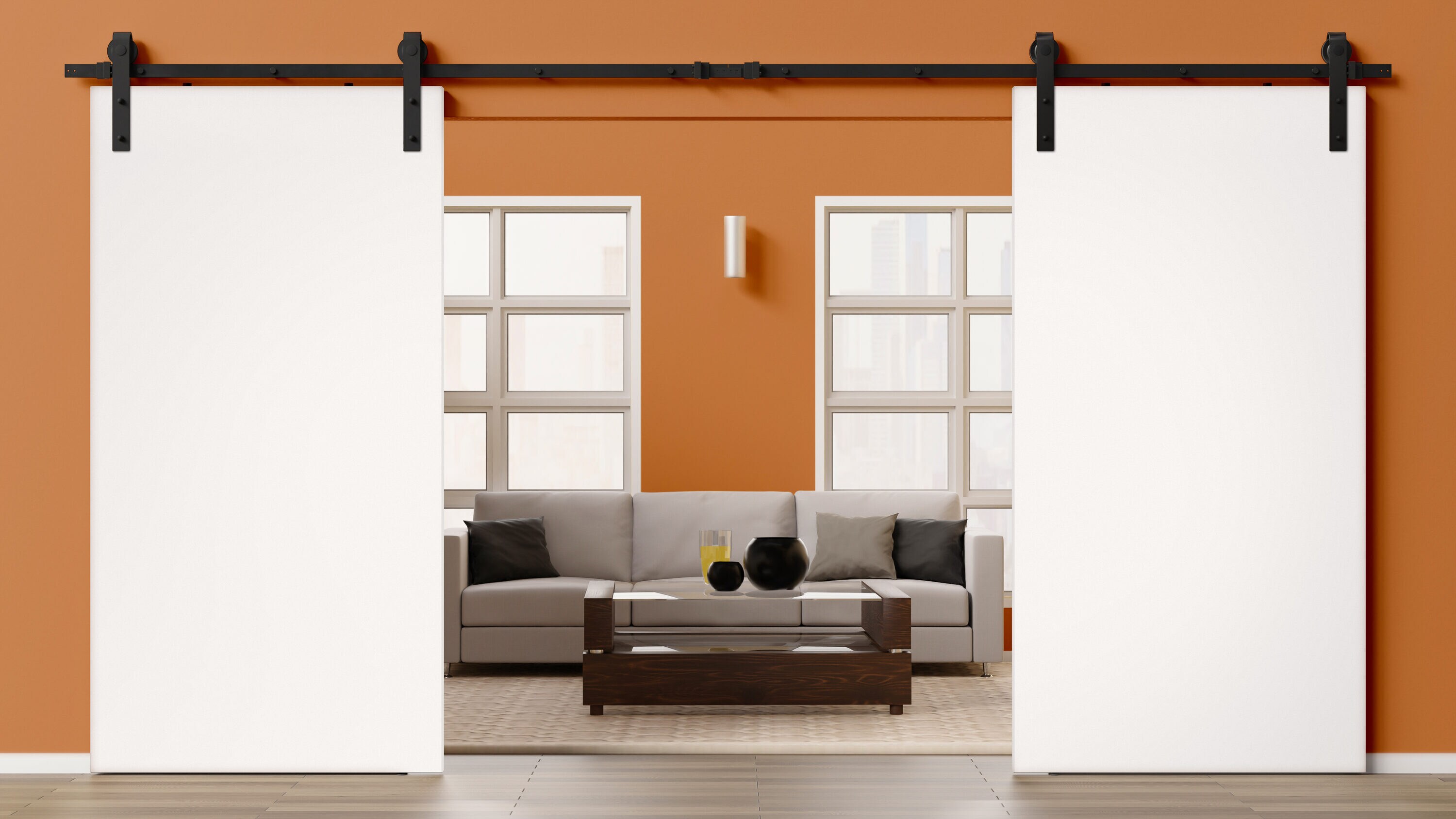 VILLAR HOME DESIGNS KITVHDID00037 36-in x 80-in White Prefinished Plank Pine Wood Hollow core Double Barn Door (Hardware Included)
