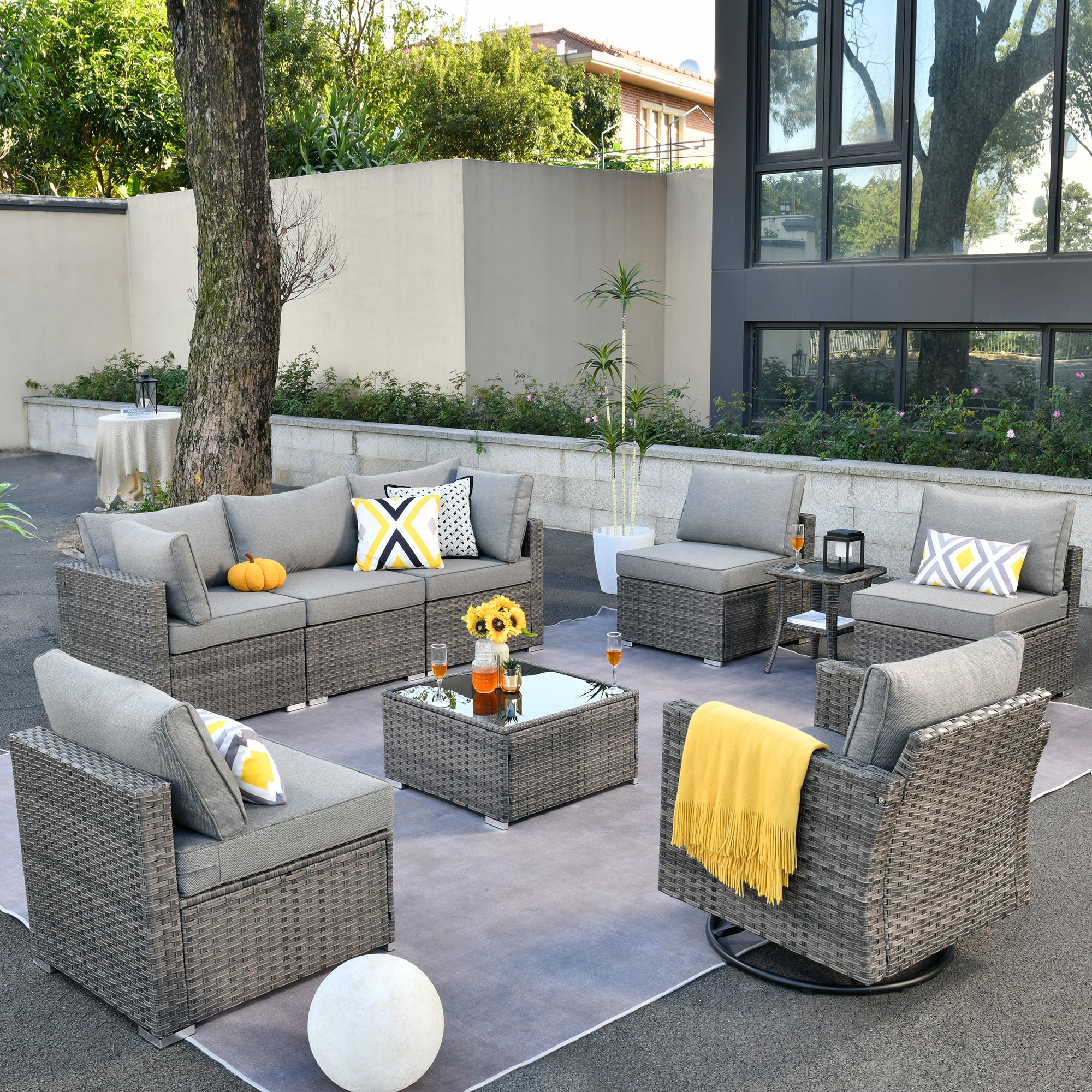 Pouuin Rattan Outdoor Sectional with Dark Gray Cushions and Wicker ...