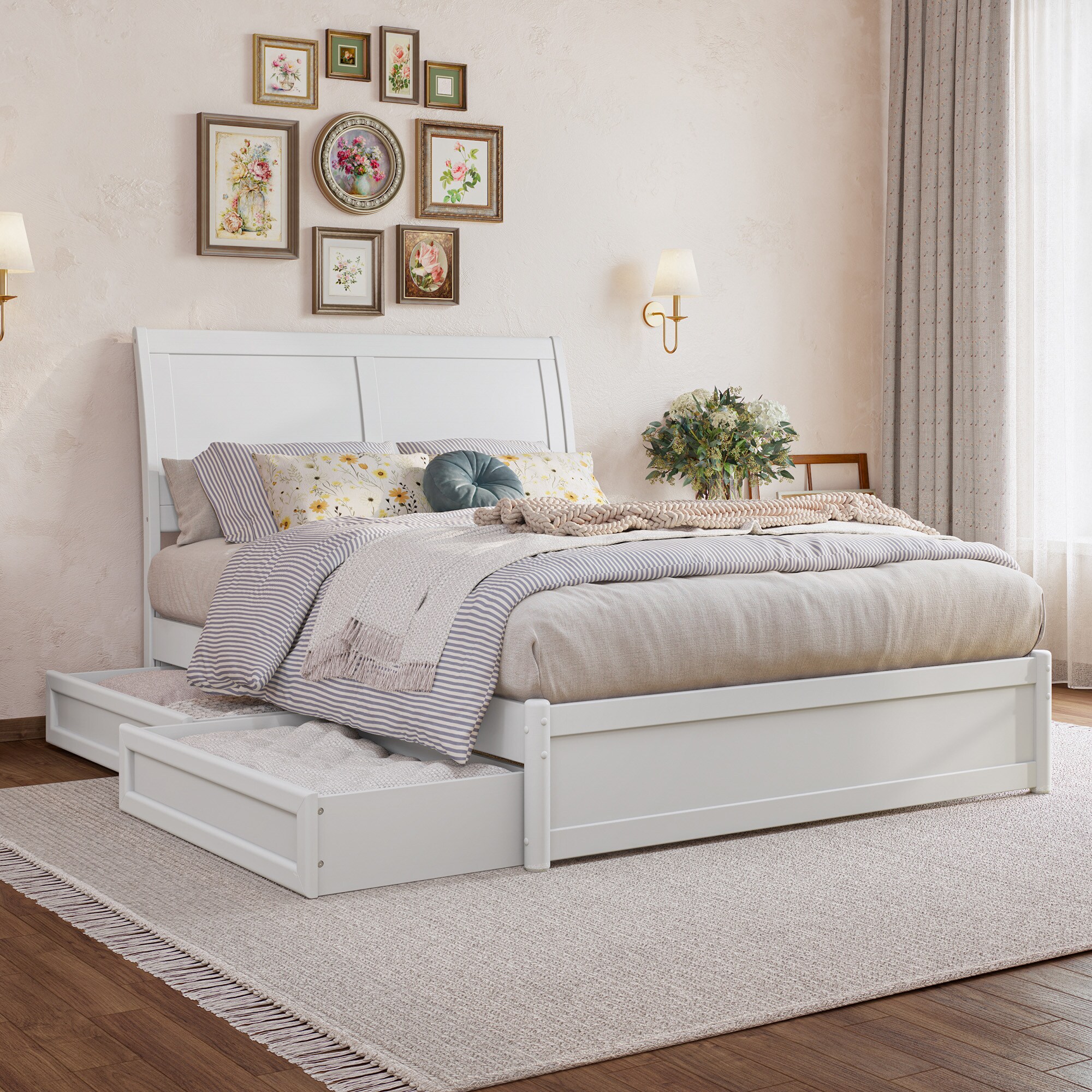 AFI AR8987132 Andorra Full Platform Bed with Panel Footboard and 2 Storage Drawers in White
