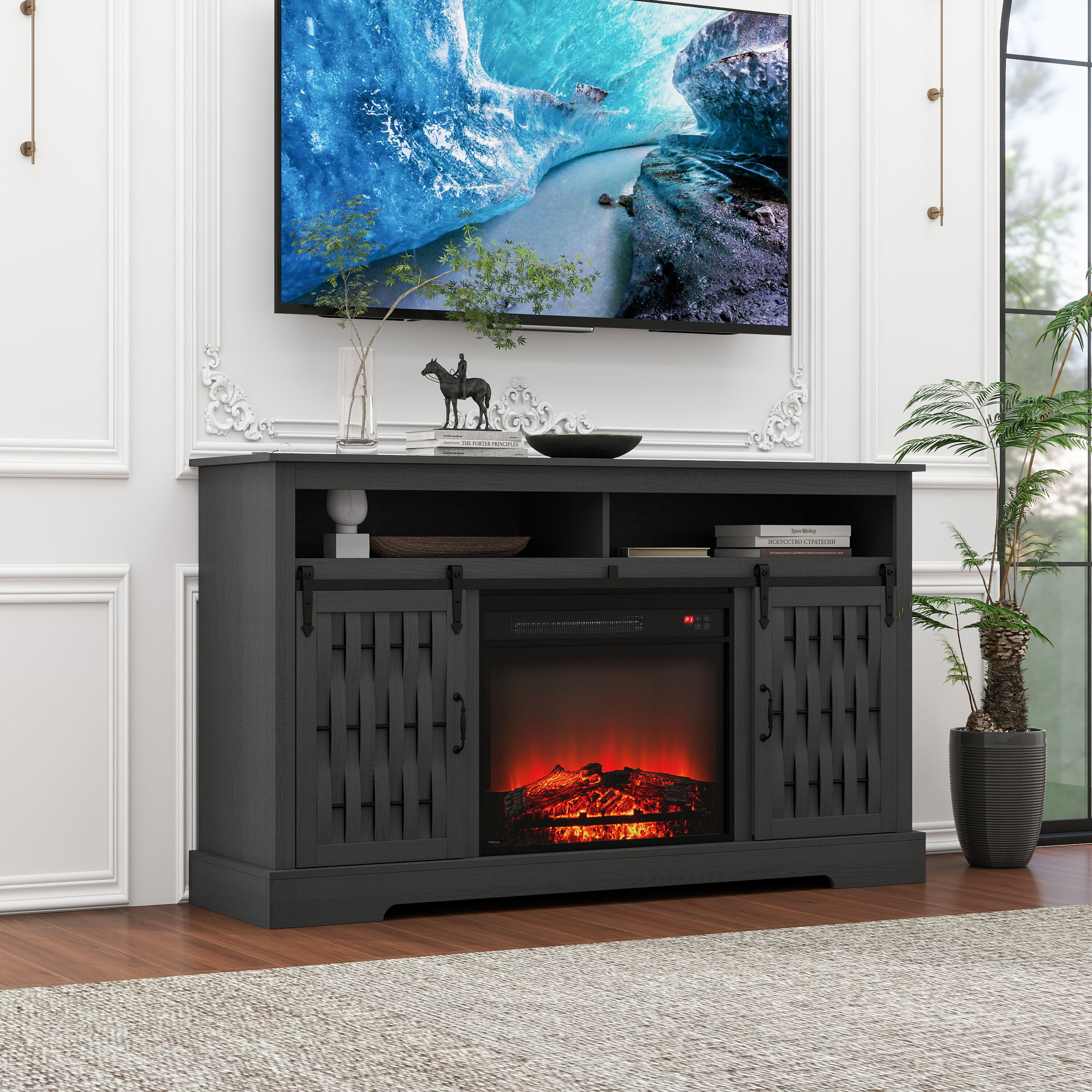 Mondawe MO-AB20843 58-Inches W Gray Free standing Fan-forced Flat wall Electric Fireplace with Remote Control Included