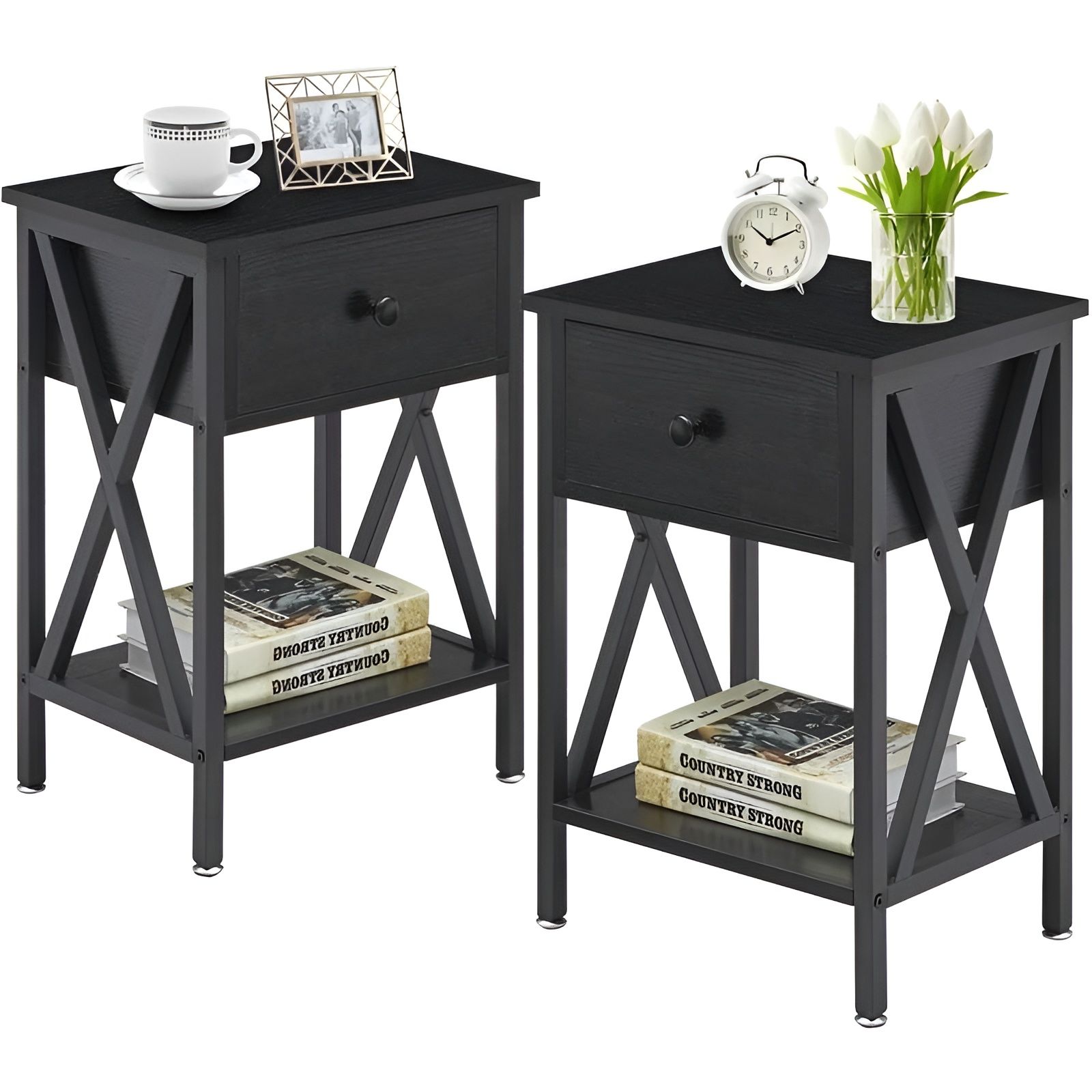 Slickblue Set of 2 - Modern Nightstand for Sofa Side Use Bedroom or Living Room with Drawer and Open Shelf- Multiple Color Option