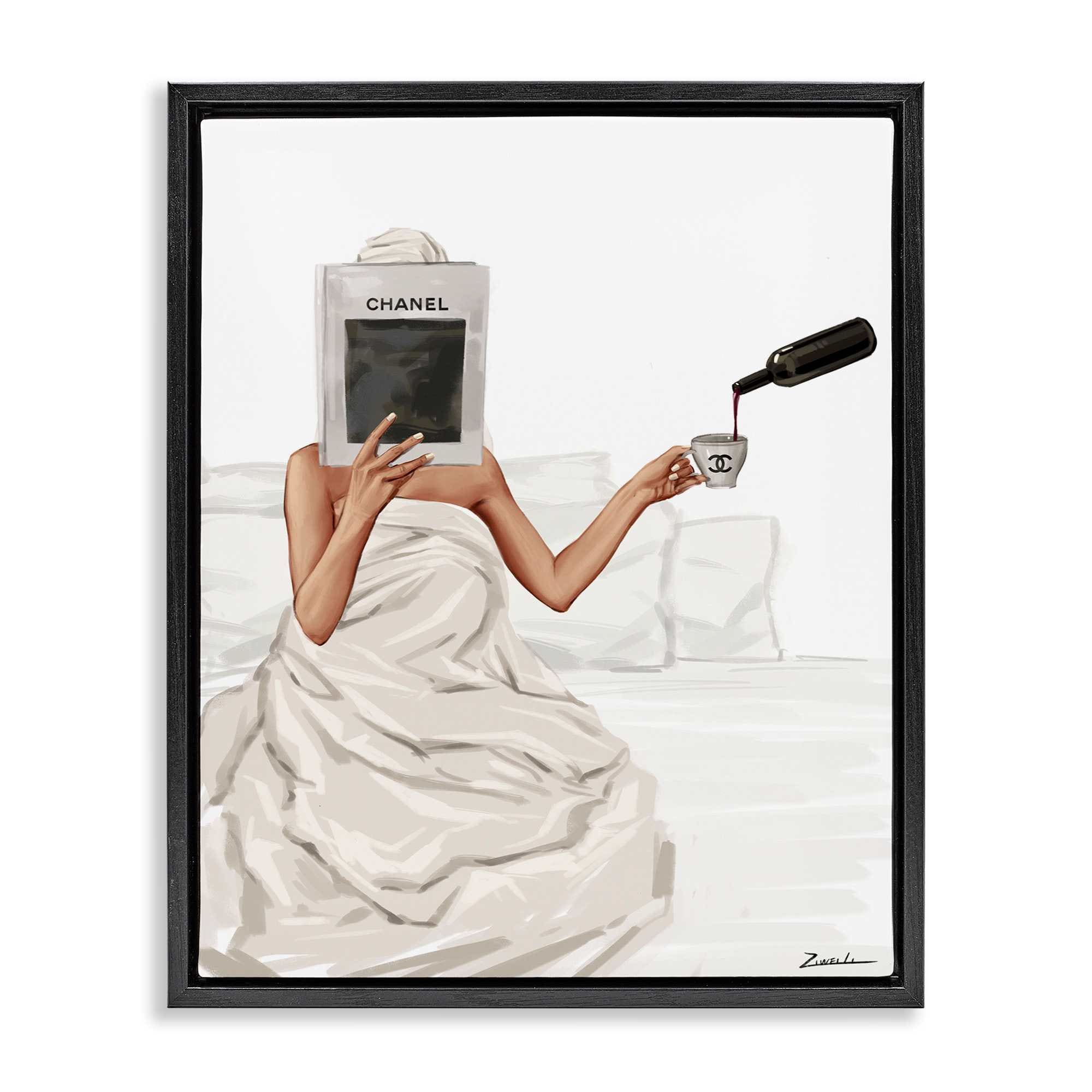 Stupell Industries BT-190-FFB-24X30 Pouring Drink in Bed Black Framed Floater Canvas Wall Art By Ziwei Li 25 x 31