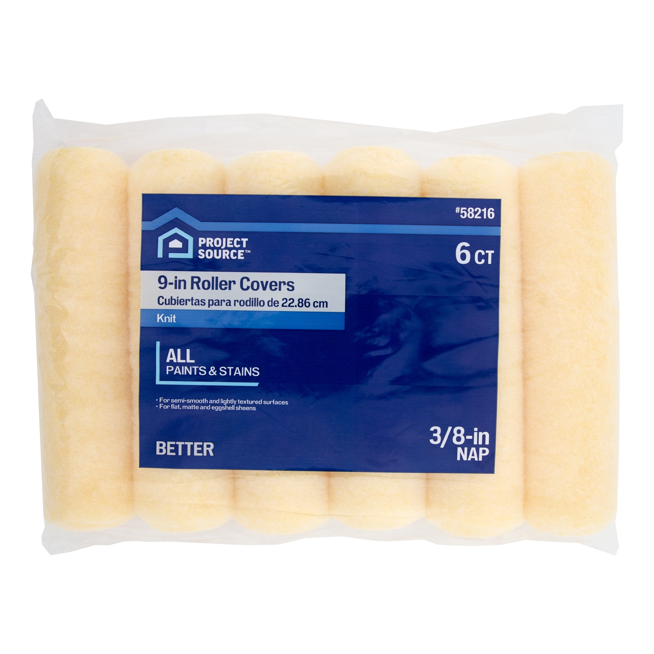 Project Source 6 -Pack 9.0-in x 3/8-in Nap Better Semi-Smooth and Lightly Textured Surfaces Standard Knit Polyester Paint Roller Cover