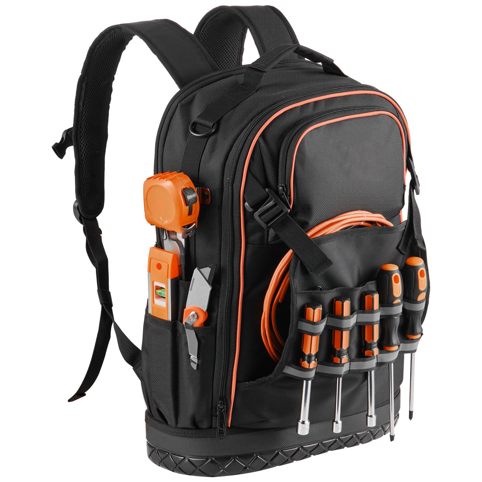 GIVIMO Tool Backpack with 65 Pockets Heavy Duty 1680D Polyester Outer and 600D Inner Work Bag with Laptop Sleeve Padded Straps and Reinforced Bottom Tool Carrier Black and Orange