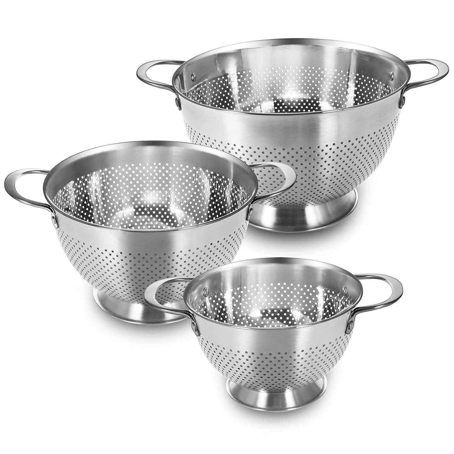 SPACELEAD Stainless Steel Colander Set of 3 with Handles and Nesting Design 1.5 3 and 5 Quart Rust-Resistant Dishwasher Safe Food Strainer for Rice Pasta and Vegetables