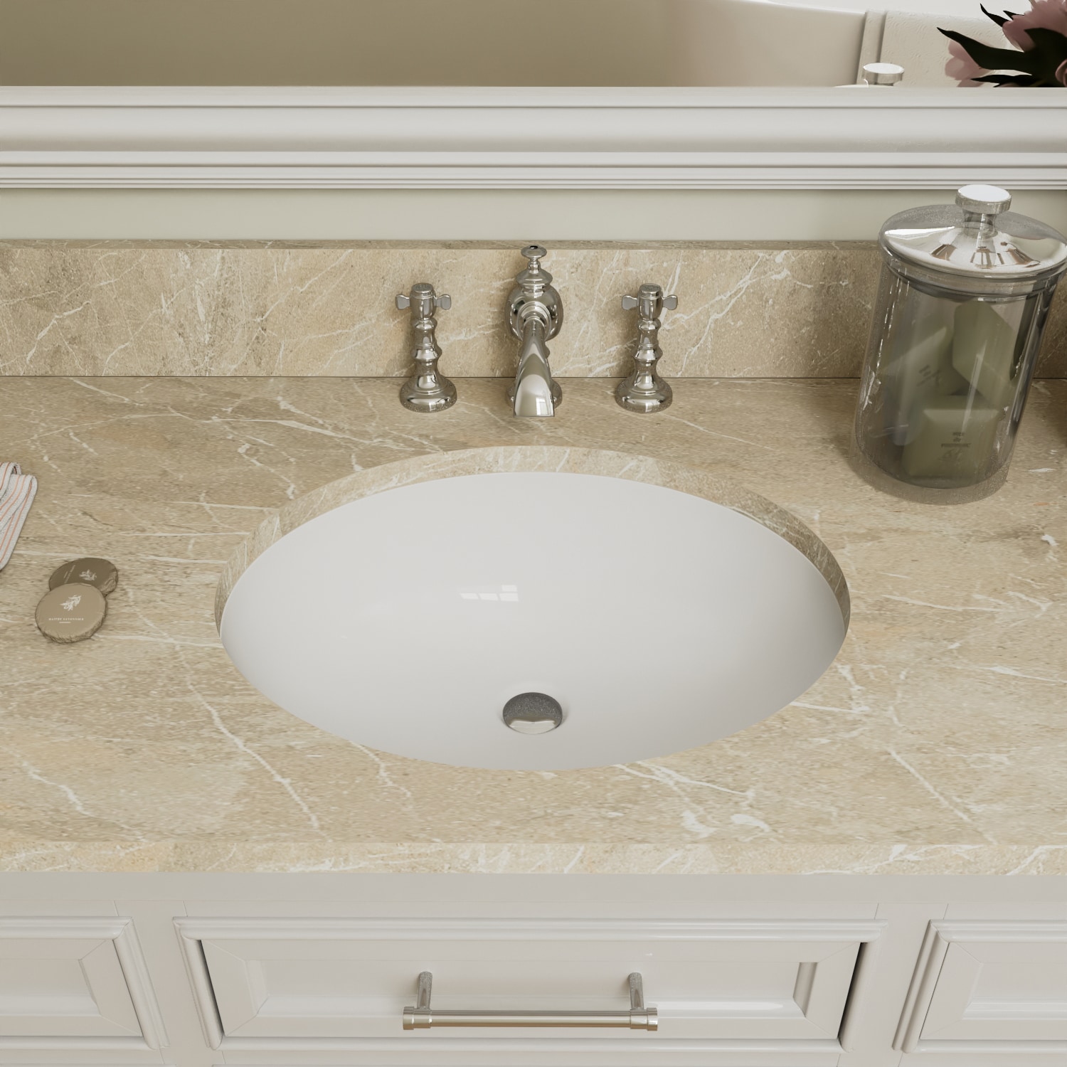 White Ceramic Oval Undermount Bathroom Sink with Overflow