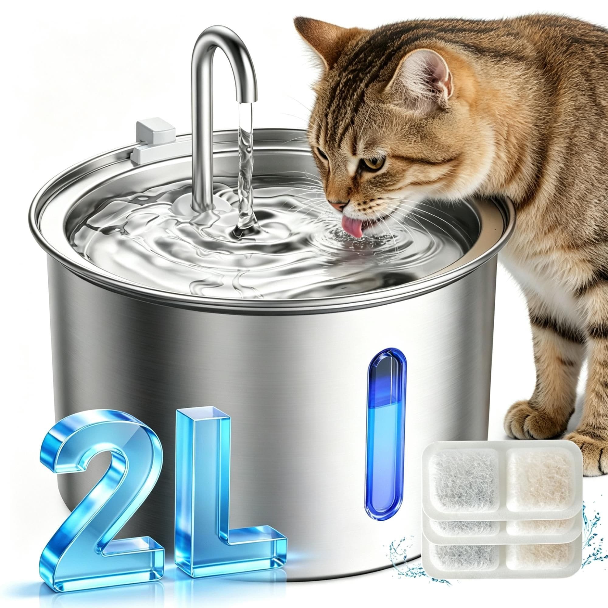oneisall Stainless Steel Cat Water Fountain 2L 67oz Ultra Quiet Pump Dishwasher Safe with 3 Filters for Small Pets