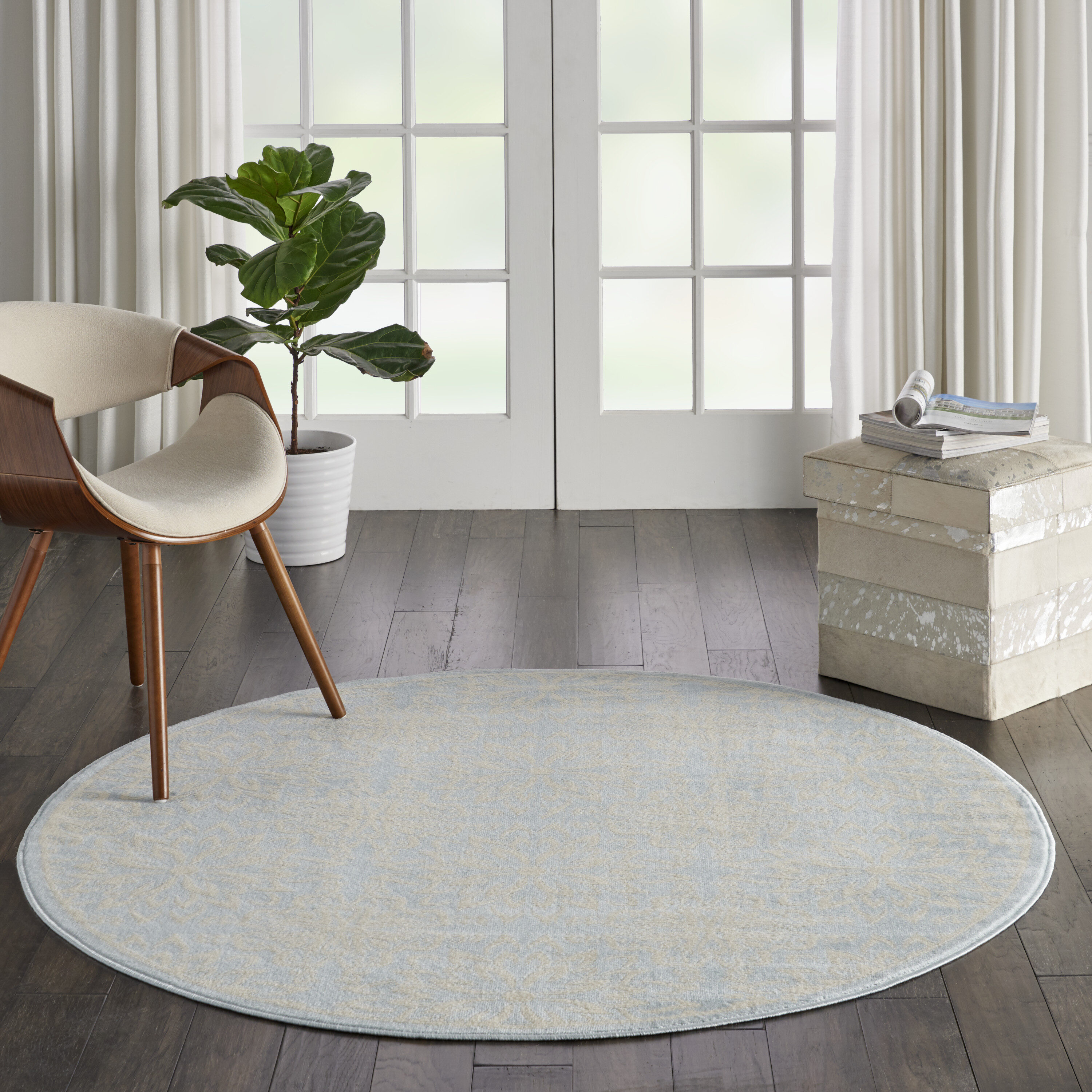 Nourison 99446478450 Jubilant 5 x 5 (ft) Loomed Polypropylene Ivory/light blue Round Indoor Abstract Farmhouse/Cottage Area rug
