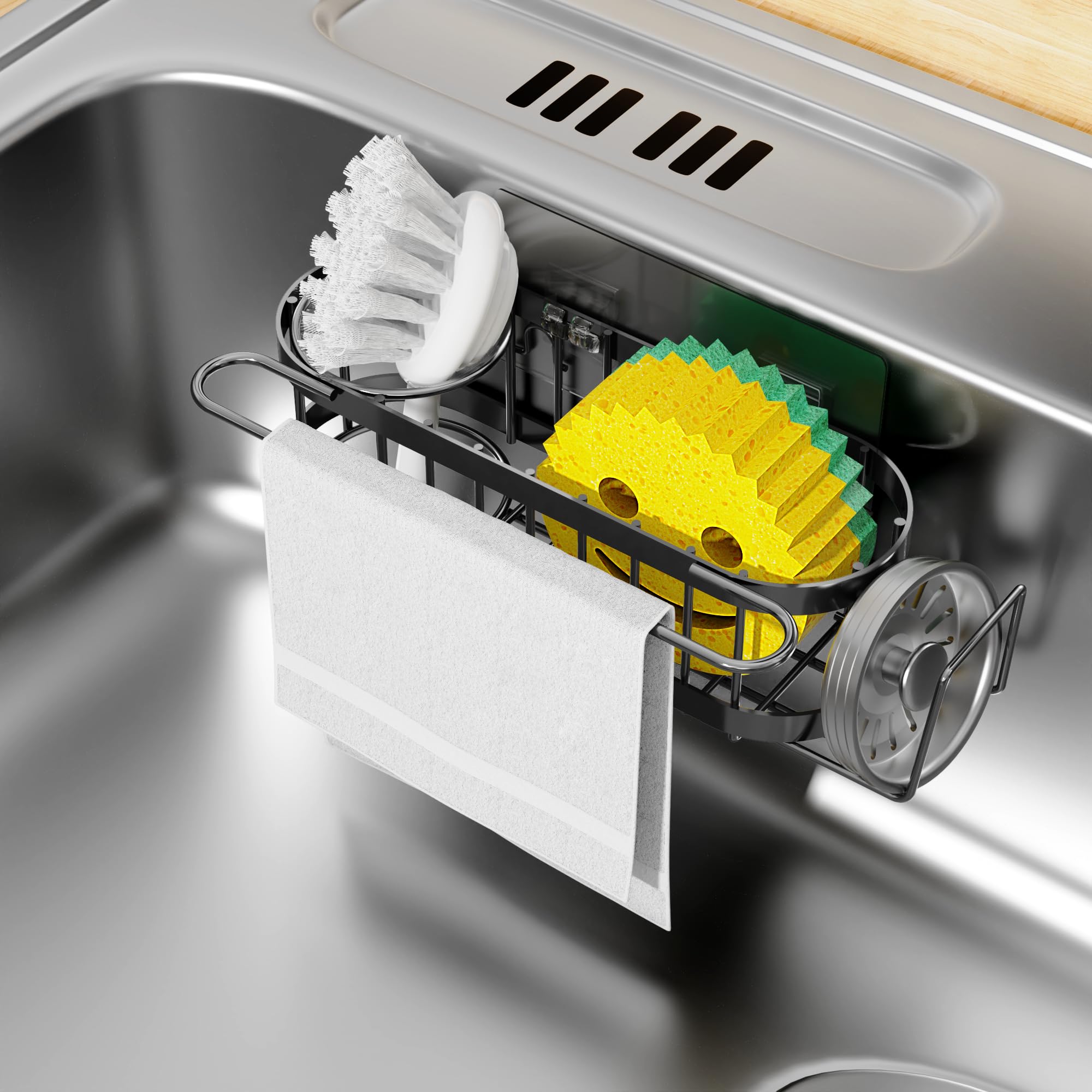 Yichuhaoxi  Kitchen Sink Caddy Stainless Steel Sponge Holder Organizer for Brushes Dish Cloths Towels Soap Sink Stopper Suction or Adhesive Mount
