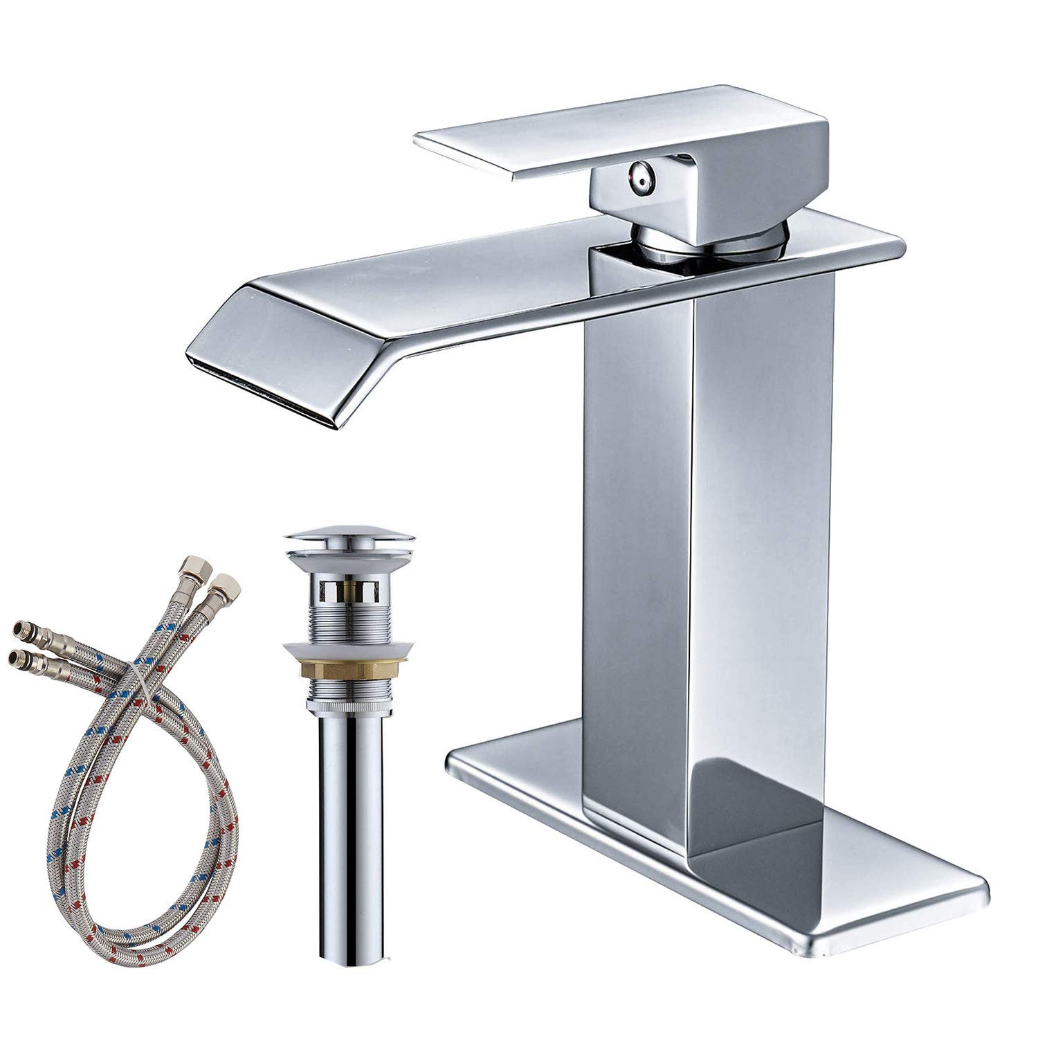 Fapully FA-P-2016C-1D Polished Chrome Single hole 1-handle Waterfall Residential Handle Bathroom Sink Faucet with Drain with Deck Plate