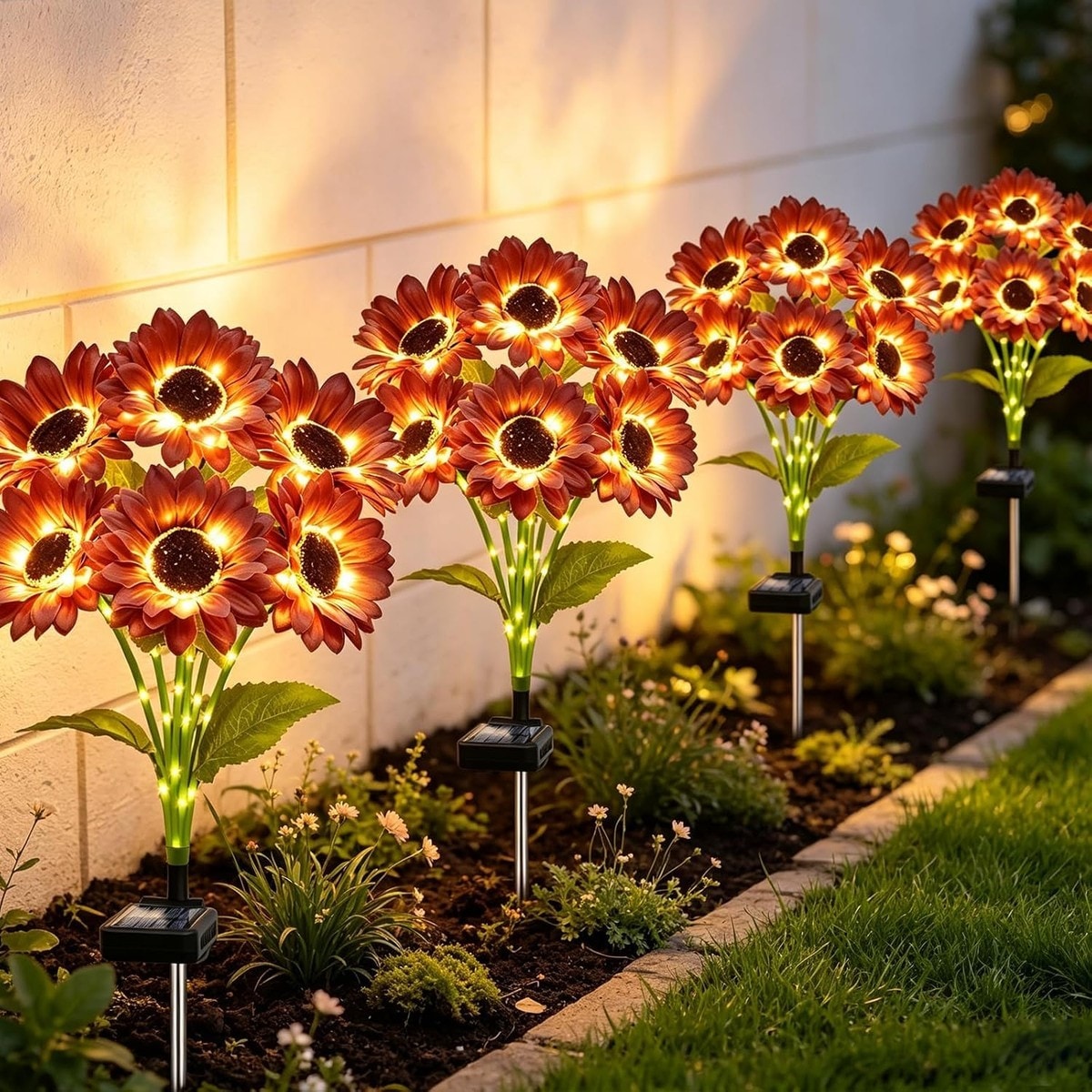 Pacrigo  4 Pack Solar Red Sunflower Garden Lights with 60 LEDs and Flexible Stems for Outdoor Patio and Pathway Decoration